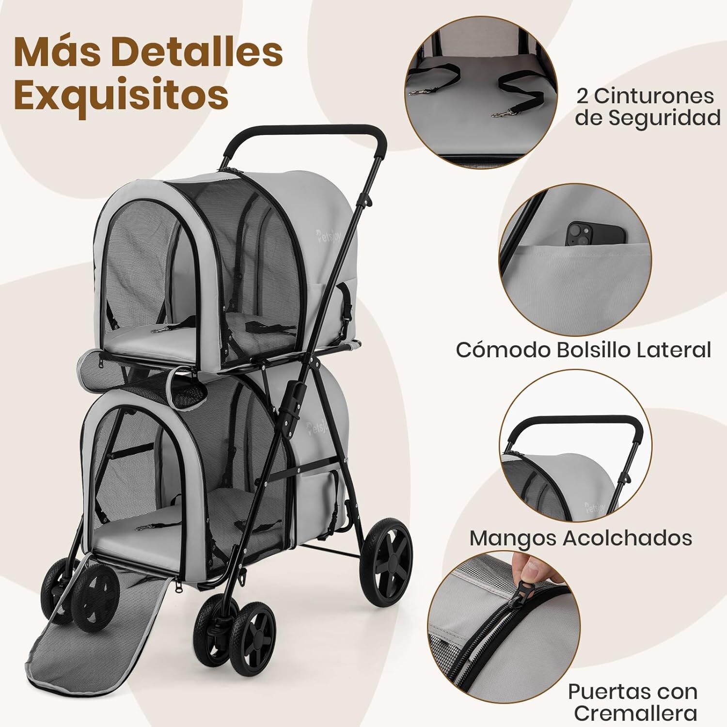 COSTWAY Cochecito Multifuncional 4 en 1 para Perros y Gatos, Cochecitos para Mascotas de Doble Nivel, Carrito para Mascotas, Cochecito Plegable Desmontable para Mascota con 4 Ruedas (Gris), , large Imagen numero 4