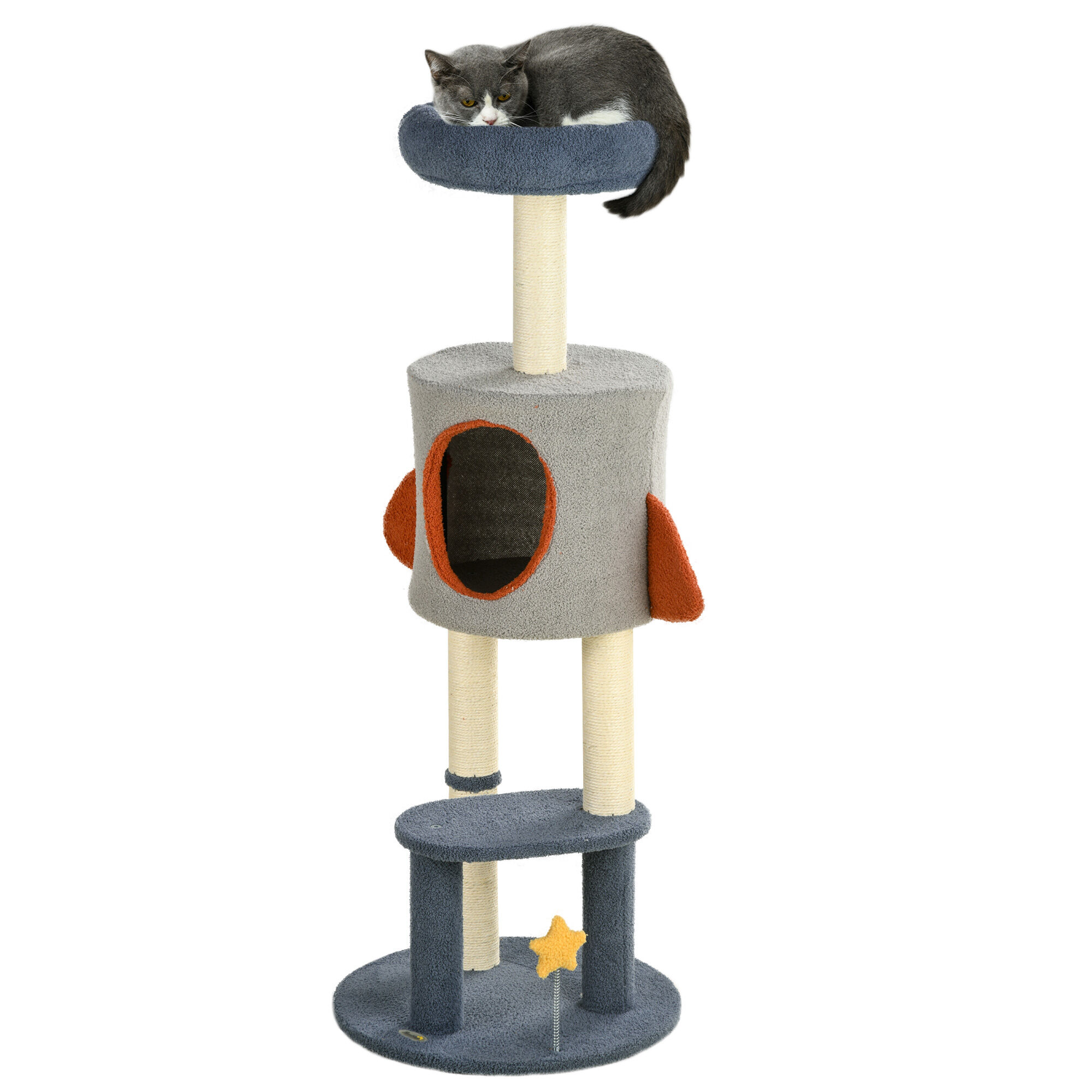 PawHut &Aacute;rbol Rascador para Gatos de 116 cm Tipo de Cohete Torre para Gatos Interior con Postes para Rascar Cama Cueva y Juguete Estrella &Oslash;44x116 cm Azul, , large Imagen numero 1