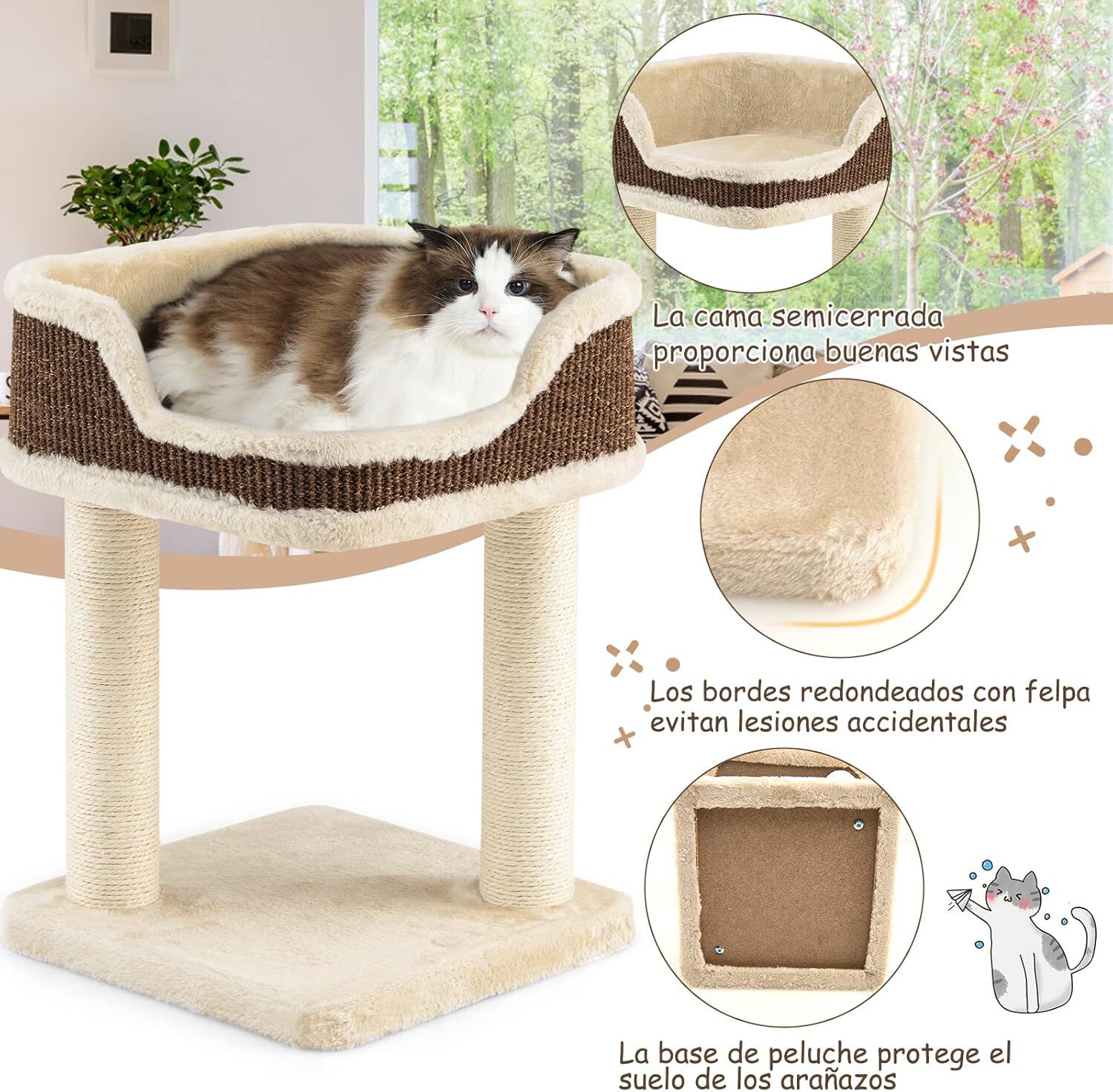 COSTWAY &Aacute;rbol Rascador Compacto para Gatos, Altura 50 cm, Torre de Sisal Natural Alfombrado con Plataforma Felpa y Poste de Rascado, Torre para Rascar, Relajarse y Dormir (Beige), , large Imagen numero 2