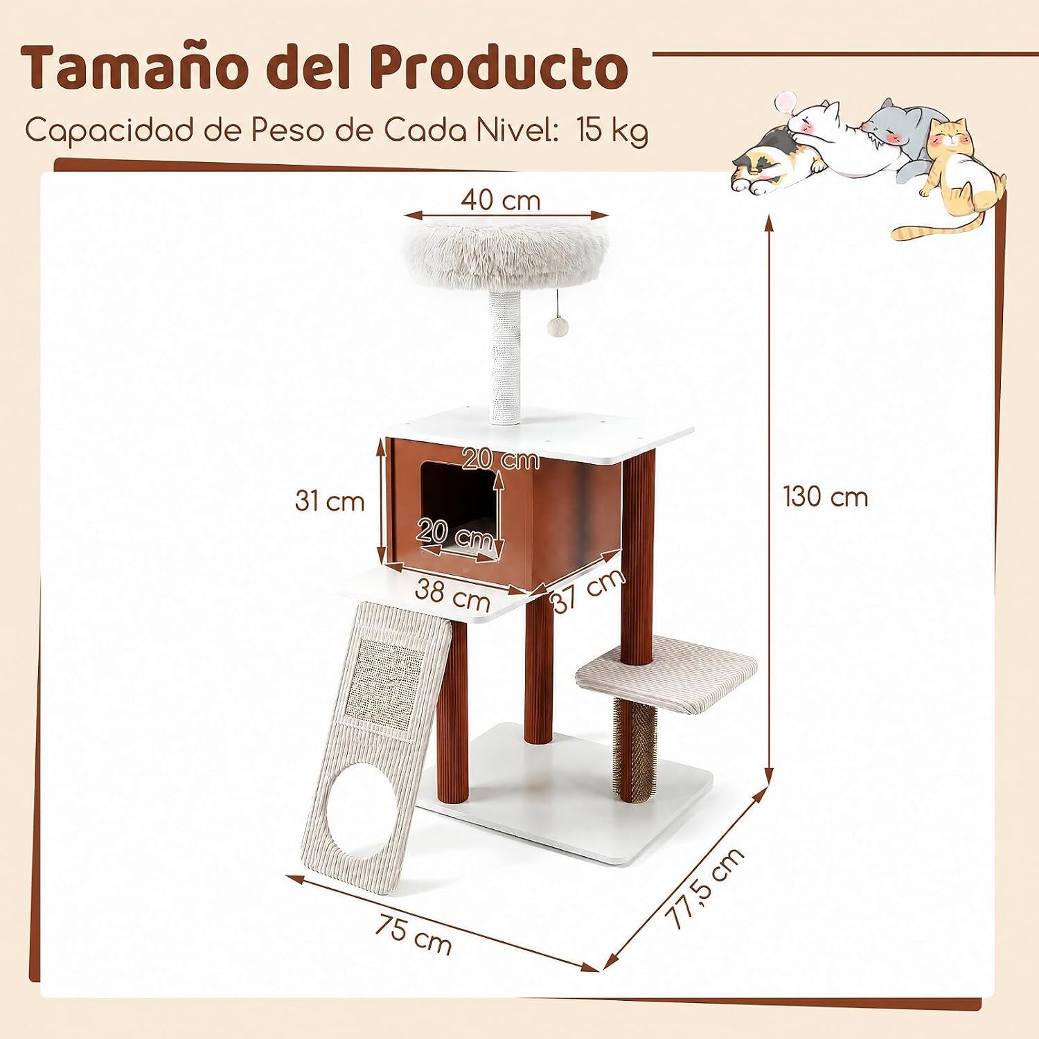 COSTWAY &Aacute;rbol para Gatos, Centro de Actividad para Mascotas | 77,5 x 29,5 x 51 cm Torre de Juego para Gatos con Casita, 3 Plataformas, Postes Rascadores, Rampa de Sisal con Agujero, , large Imagen numero 5