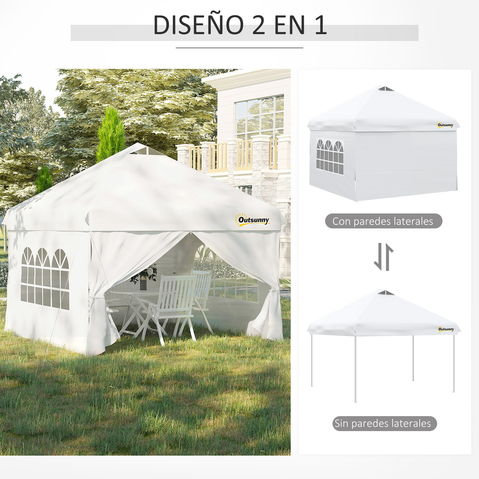 Outsunny Carpa Plegable 3x3 m con Altura Ajustable de 3 Niveles Cenador de Jard&iacute;n con 4 Paredes Extra&iacute;bles 2 Ventanas 4 Sacos de Arena y Bolsa de Transporte para Camping Blanco, , large Imagen numero 4