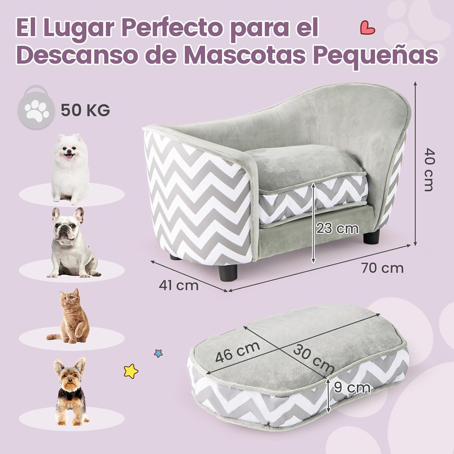 COSTWAY Sof&aacute; para Mascotas, Cama Suave de Terciopelo con Coj&iacute;n Acolchado, Funda Lavable Extra&iacute;ble, Respaldo Curvo y Reposabrazos, Ideal para Perros y Gatos Peque&ntilde;os, Capacidad 50 kg, Gris+Blanco, , large Imagen numero 2
