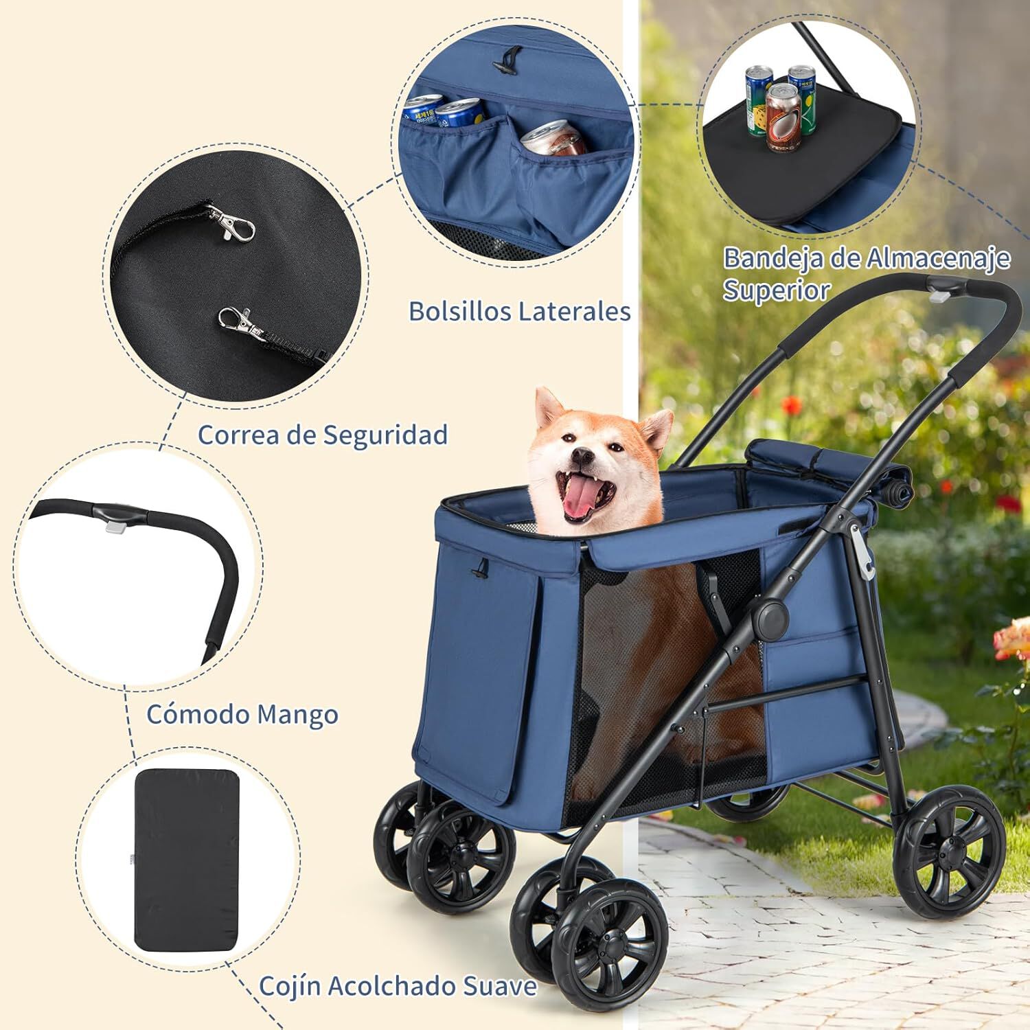COSTWAY Cochecito para Mascotas Plegable, Carrito de Viaje Port&aacute;til para Mascotas con Malla Transpirable, Claraboya, Bolsillos, Carrito Plegable para Mascotas Peque&ntilde;as y Medianas (azul), , large Imagen numero 2