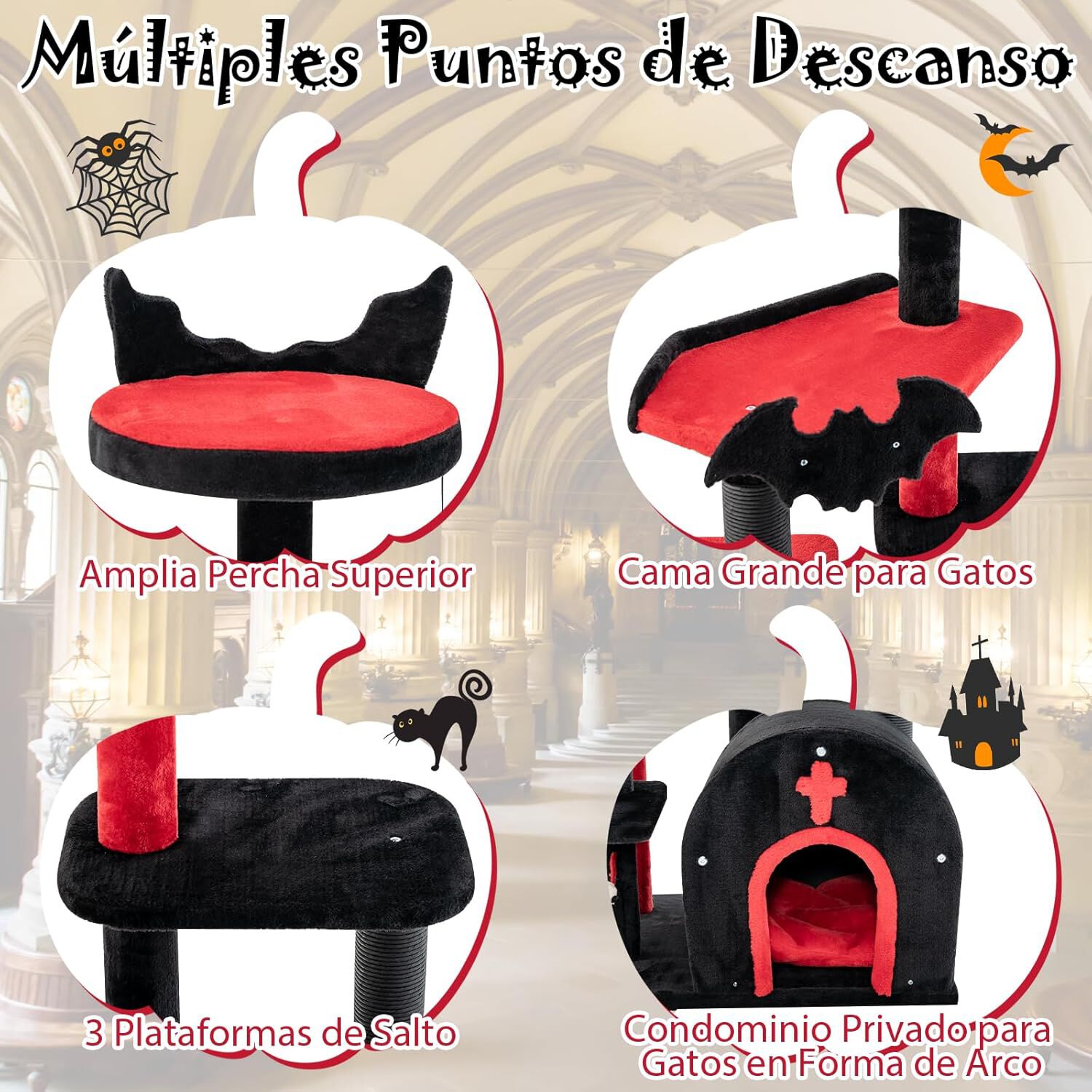 COSTWAY &Aacute;rbol Rascador para Gatos G&oacute;tico, 134 cm Torre para Gatos de 6 Niveles con Cama, Condominio, Postes Rascadores, Pomp&oacute;n y Bola de Resorte, Centro de Actividades para Gatitos de Interior, , large Imagen numero 3