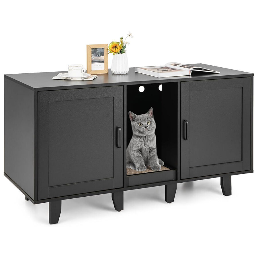 COSTWAY Cajas de Arena para Gatos, Casa de Ba&ntilde;o Oculto para Mascota con 2 Puertas, Arenero Cubierto con Entrada Sinuosa y Tablero Rascador, Mesa Auxiliar para Gatos 120 x 52 x 65 cm (Negro), , large Imagen numero 1