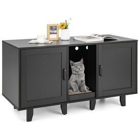 COSTWAY Cajas de Arena para Gatos, Casa de Ba&ntilde;o Oculto para Mascota con 2 Puertas, Arenero Cubierto con Entrada Sinuosa y Tablero Rascador, Mesa Auxiliar para Gatos 120 x 52 x 65 cm (Negro)