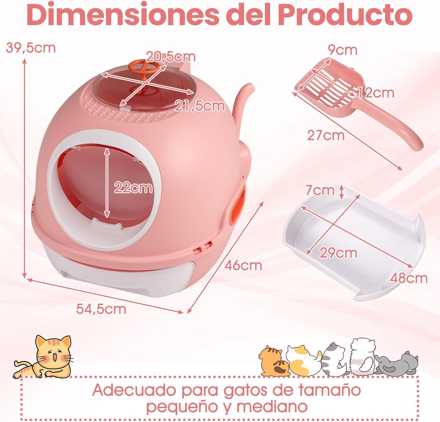 COSTWAY Arenero para Gatos Cubierto, Estilo Helic&oacute;ptero, Caja de Arena Plegable para Gato con Entrada Frontal y Salida Superior, Pala, Bandeja Port&aacute;til para Gatos Grandes, 54 x 46 x 39 cm (Rosa), , large Imagen numero 5