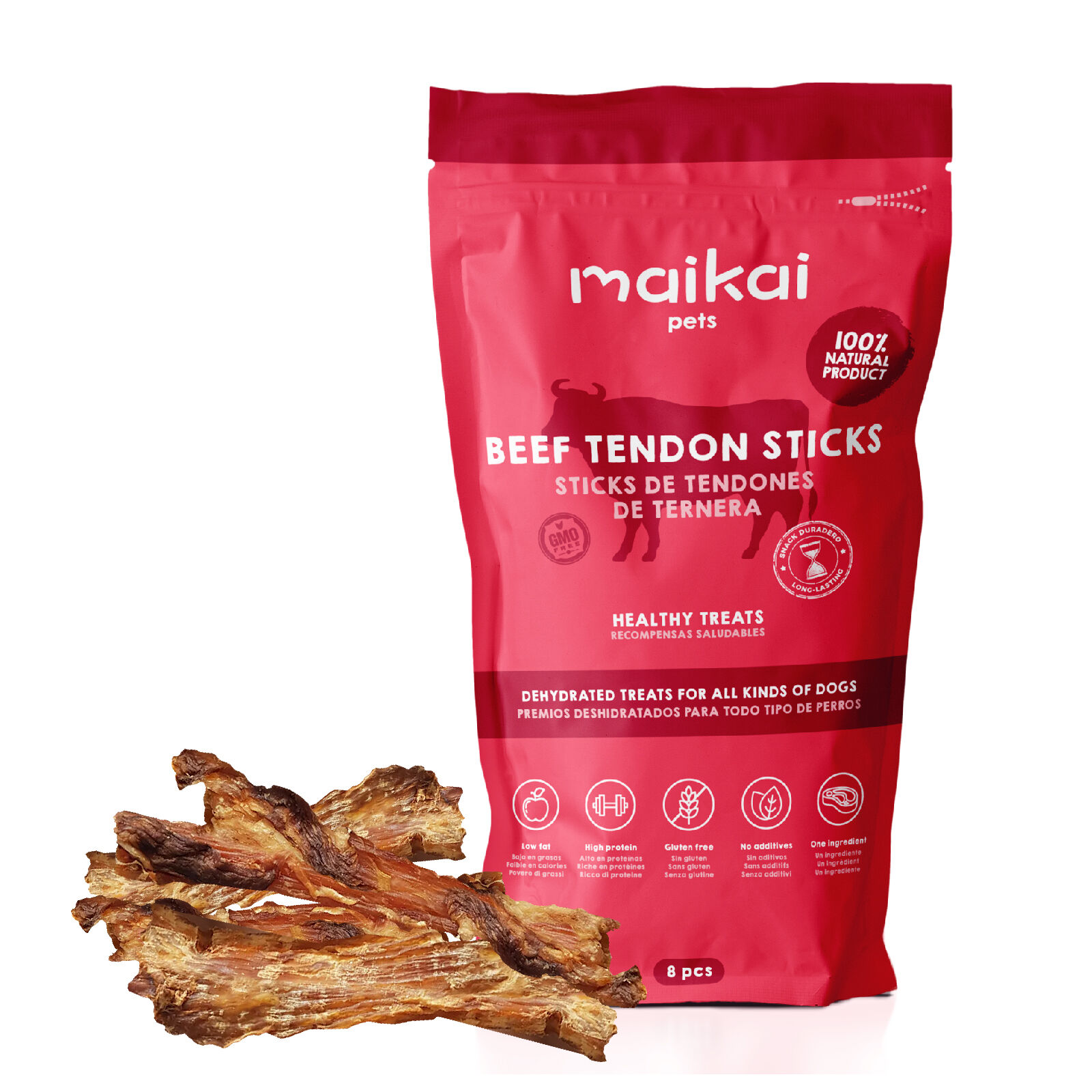 MAIKAI Tendones de Ternera para Perros - 8 Unidades - Chuches Naturales para Perros - Snacks Saludables de Ternera Deshidratada - Golosinas Dieta Barf - Premios, , large Imagen numero 1