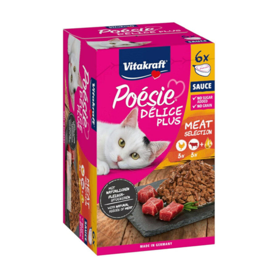 6 sobres x 85 g Vitakraft Po&eacute;sie D&eacute;lice Plus Selecci&oacute;n de Carnes tarrina para gatos, , large Imagen numero 1