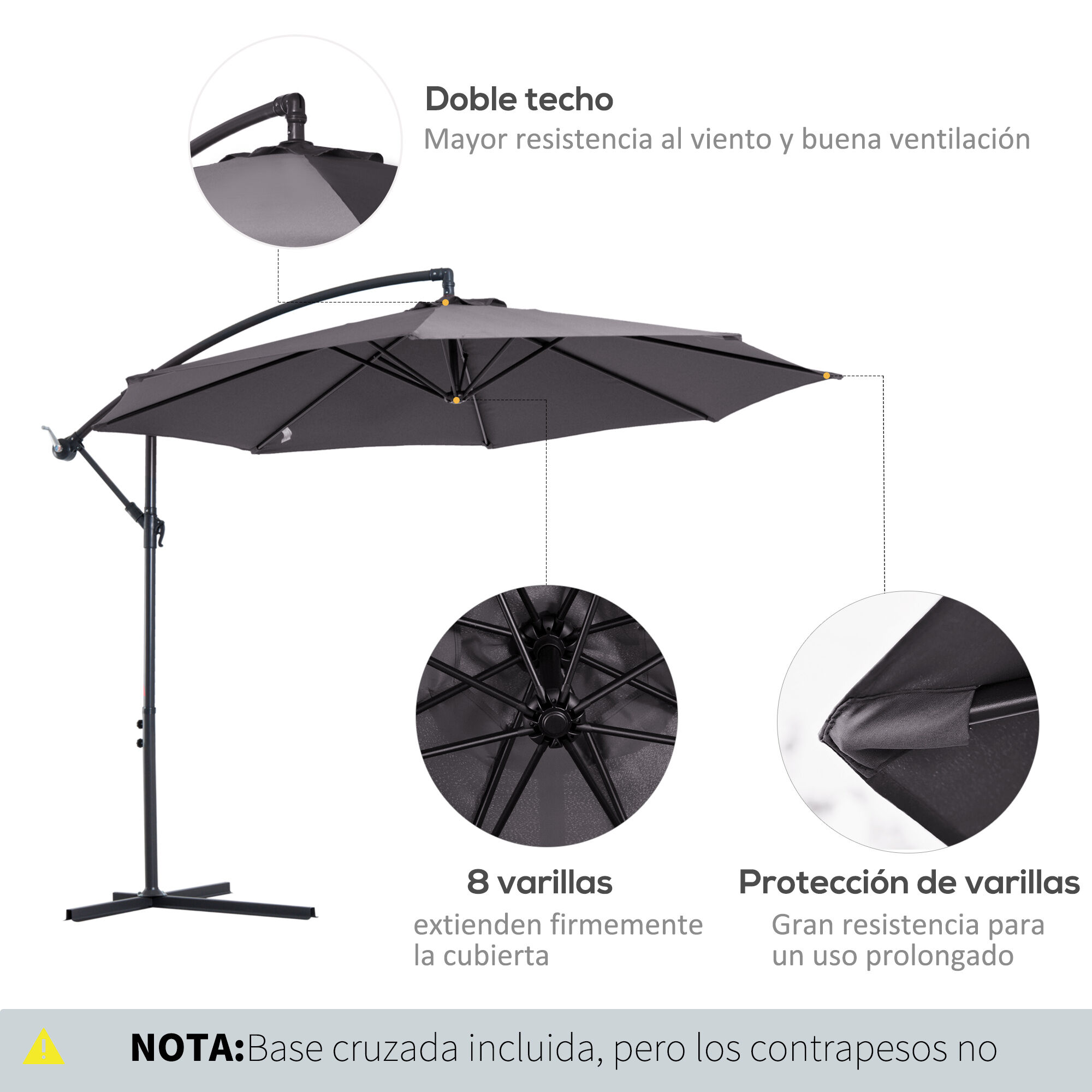 Outsunny Sombrilla de Jard&iacute;n &Oslash;300x250 cm Parasol Exc&eacute;ntrico Inclinable con Manivela Base Cruzada y Soporte de Acero Protecci&oacute;n Solar para Terraza Exterior Gris, , large Imagen numero 4