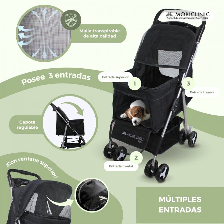 Mobiclinic Carrito para perros Ruedas con freno y 360&ordm; 3 accesos Con toldo Cesta almacenaje y portavasos Negro, , large Imagen numero 4