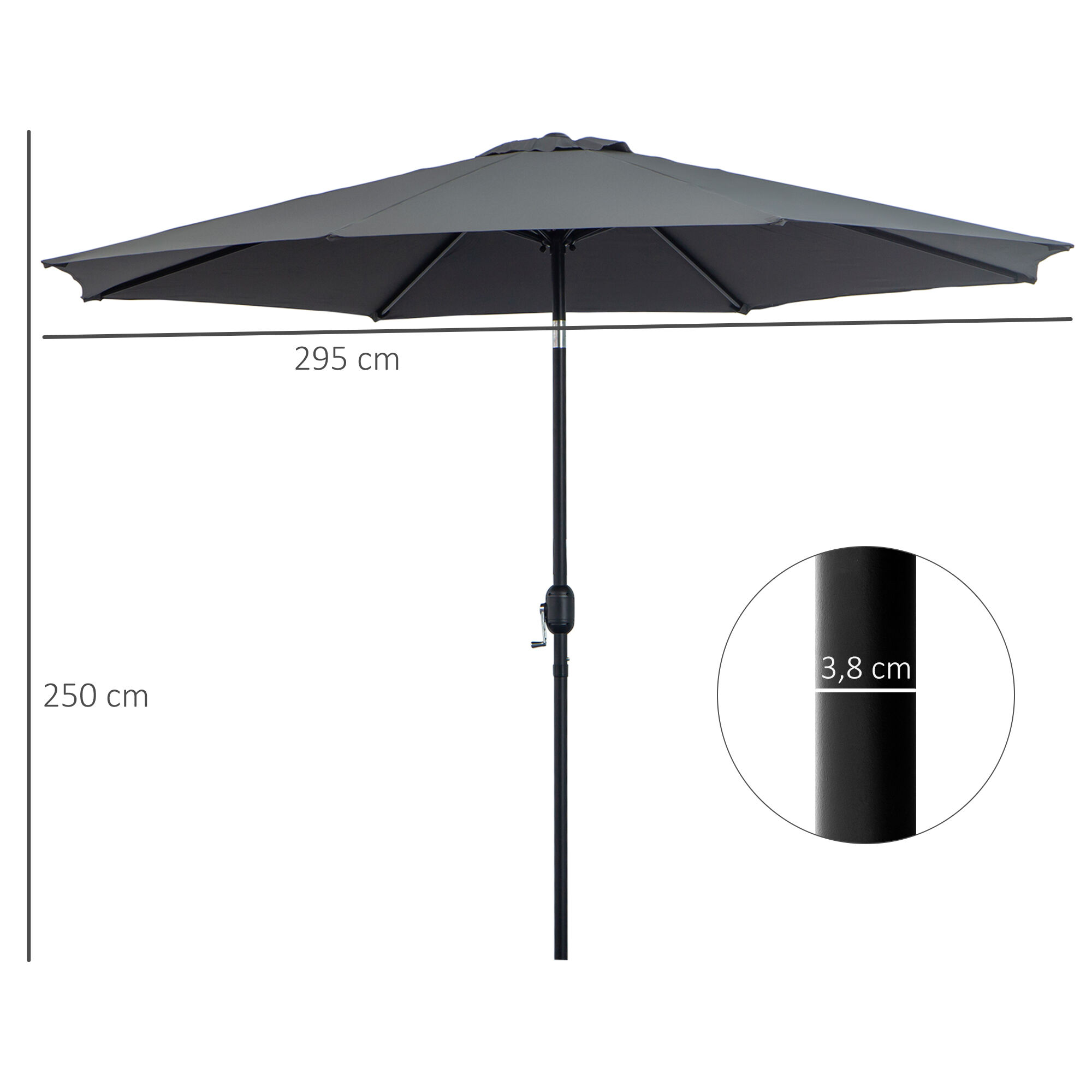 Outsunny Sombrilla de Jard&iacute;n &Oslash;295x250 cm con Manivela Parasol Exterior con Mecanismo de Inclinaci&oacute;n y Poste Desmontable de Metal para Terraza Piscina Patio Gris Oscuro, , large Imagen numero 3