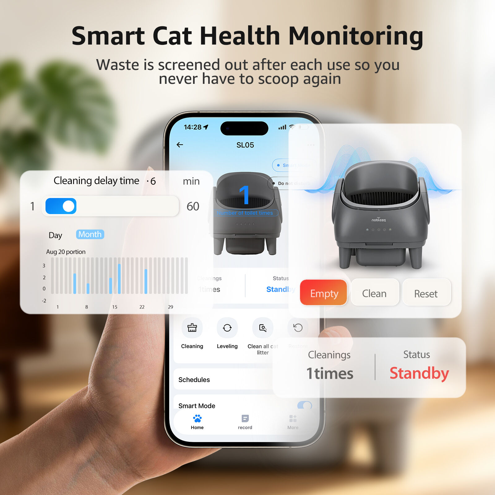 Nobleza Arenero Autolimpiable Abierto para Gatos de 1-15kg &ndash; Control por App, Dep&oacute;sito 11L (15 d&iacute;as), Sensores de Seguridad, Incluye 3 Rollos de Bolsas + 5 Pastillas Desodorantes &ndash; Gris, , large Imagen numero 3
