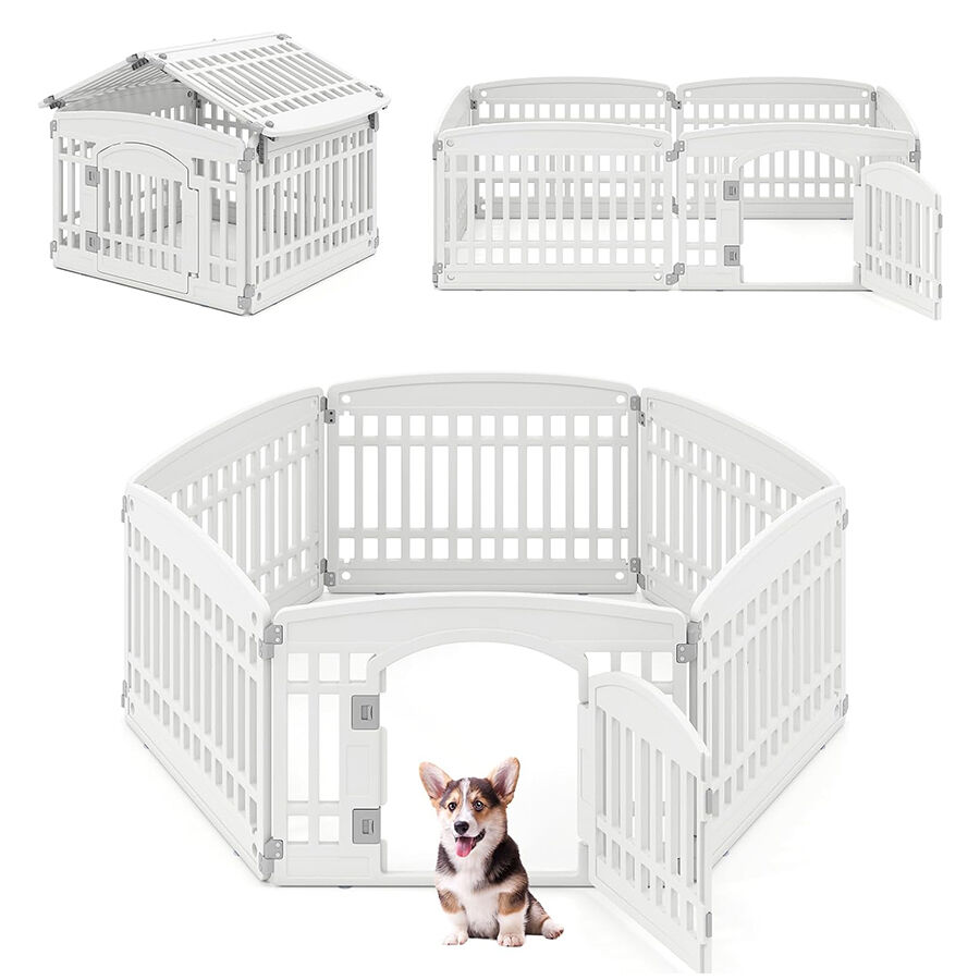COSTWAY Corral de Mascotas de 6 Paneles, Valla Plegable de Plástico con Puerta de Cierre Seguro, Ideal para Perros Pequeños y Medianos, Interior y Exterior, Blanco