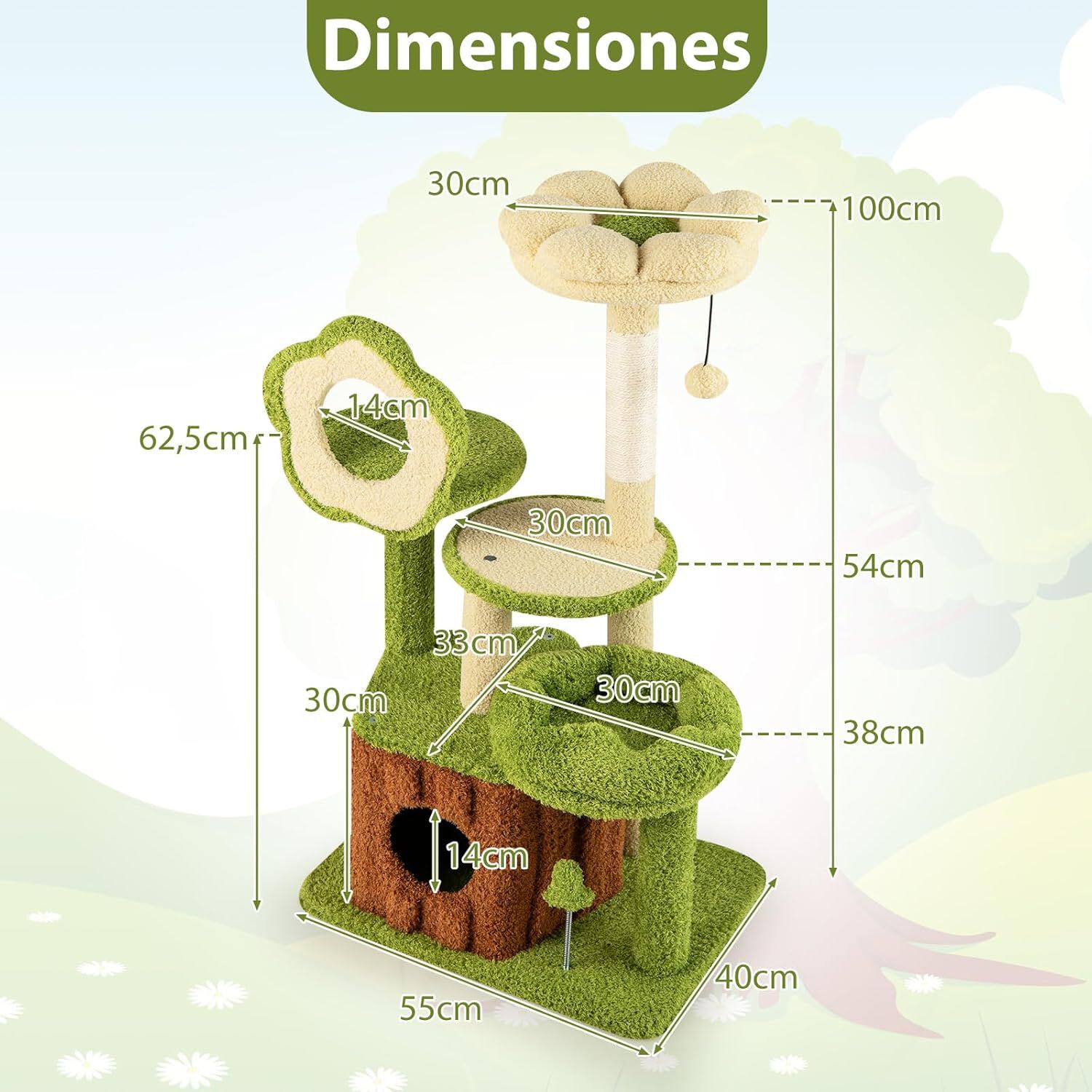 COSTWAY Árbol para Gatos de Bosque, Torre Multinivel con Condo Tronco, Plataforma Floral Acolchada, Rascador de Sisal y Juguetes, Centro de Actividades para Gatitos y Adultos, Verde + Marrón thumbnail