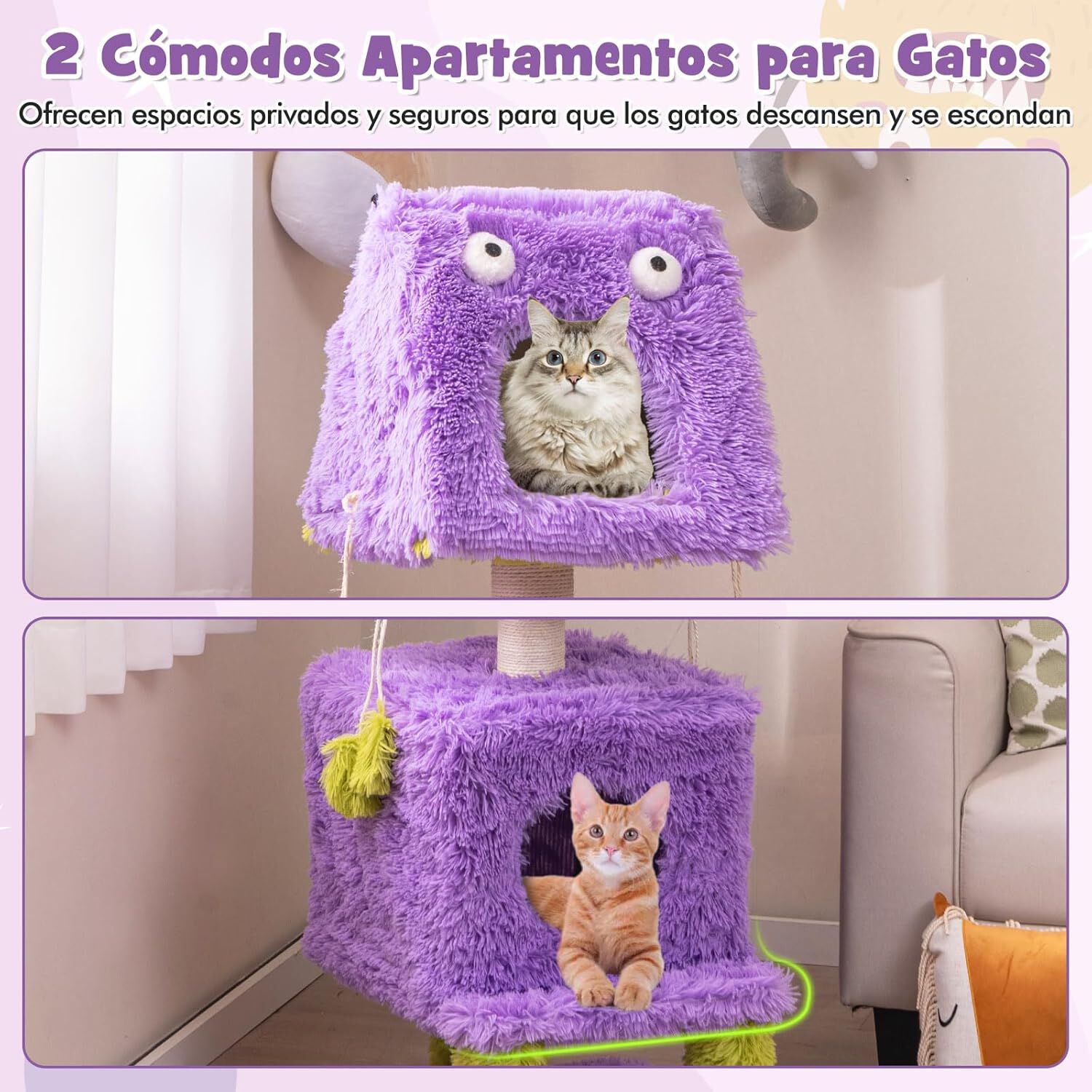 COSTWAY &Aacute;rbol para Gatos, Torre para Gatos con Tem&aacute;tica de Monstruos con Condominios, Felpa Larga y Suave, Poste Rascador De Sisal, Juguetes Colgantes, &Aacute;rbol Rascador para Gatos (P&uacute;rpura y Verde), , large Imagen numero 3