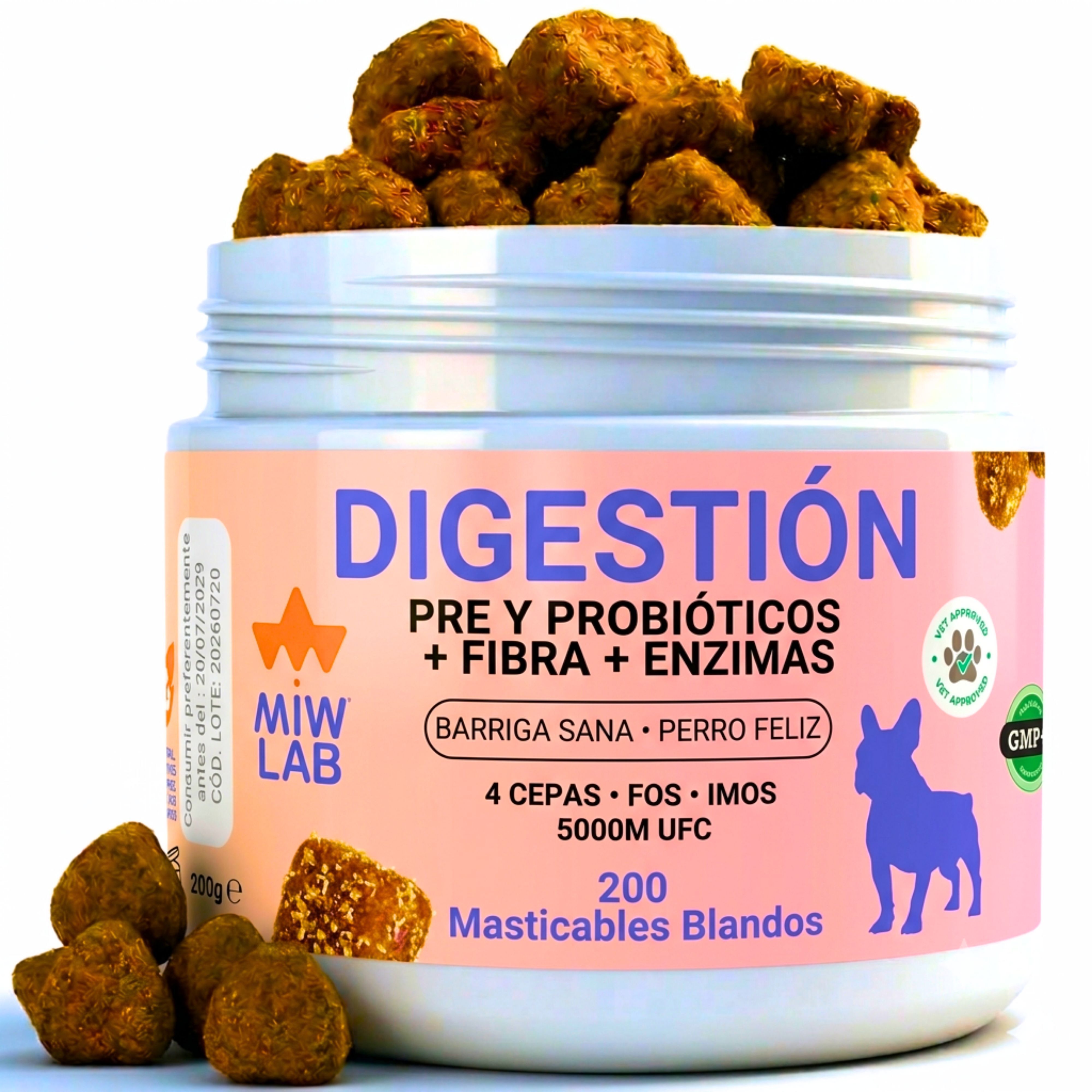 Digesti&oacute;n Pre + Probi&oacute;ticos Perros, 200 Uds, 100% Natural con 5 Billones UFC Enzimas y Fibra Suplemento Perro Hecho en Espa&ntilde;a Combate Diarrea V&oacute;mitos Gases para Flora Intestinal Salud Digestiva Pollo, , large Imagen numero 1