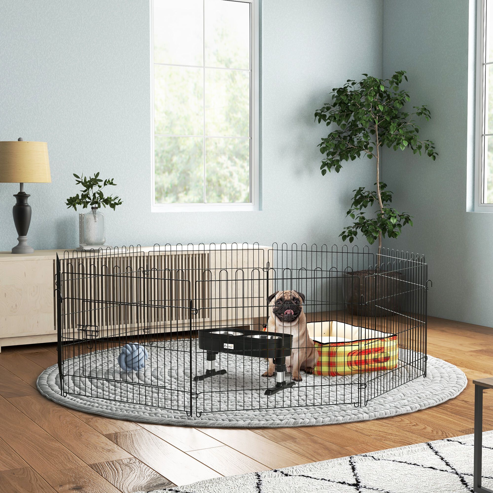 PawHut Conjunto para Mascotas Juego de Parque para Perros Plegable de 8 Paneles y Comedero Elevado para Perros de 4 Alturas Ajustables 71x61 cm 43x25x30 cm Negro, , large Imagen numero 2
