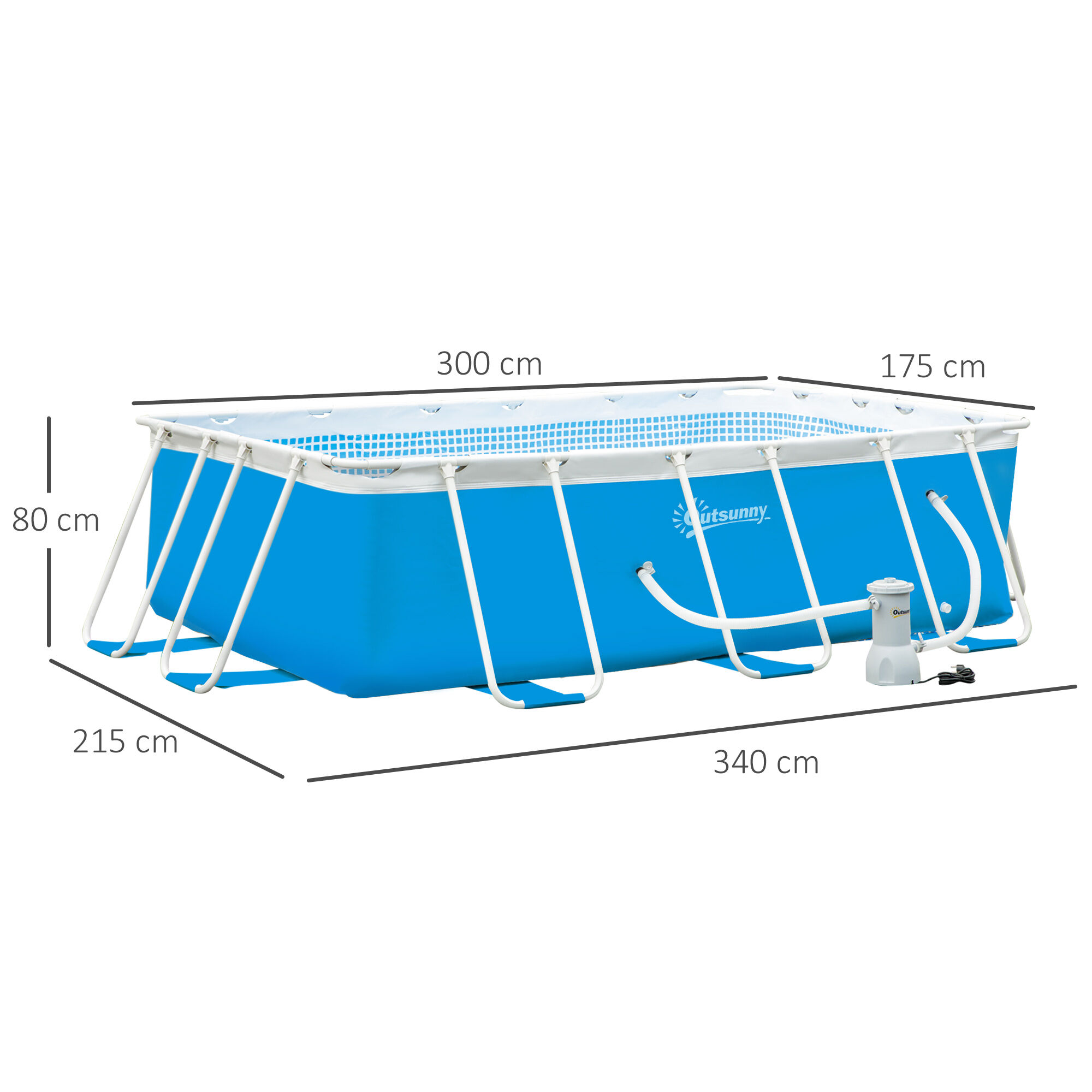 Outsunny Piscina Desmontable Tubular 340x215x80 cm Piscina Rectangular de Exterior con Depuradora de Cartucho 4.000 L/H Mangueras Longitud 100 cm y Marco de Acero 4200 L Azul, , large Imagen numero 3