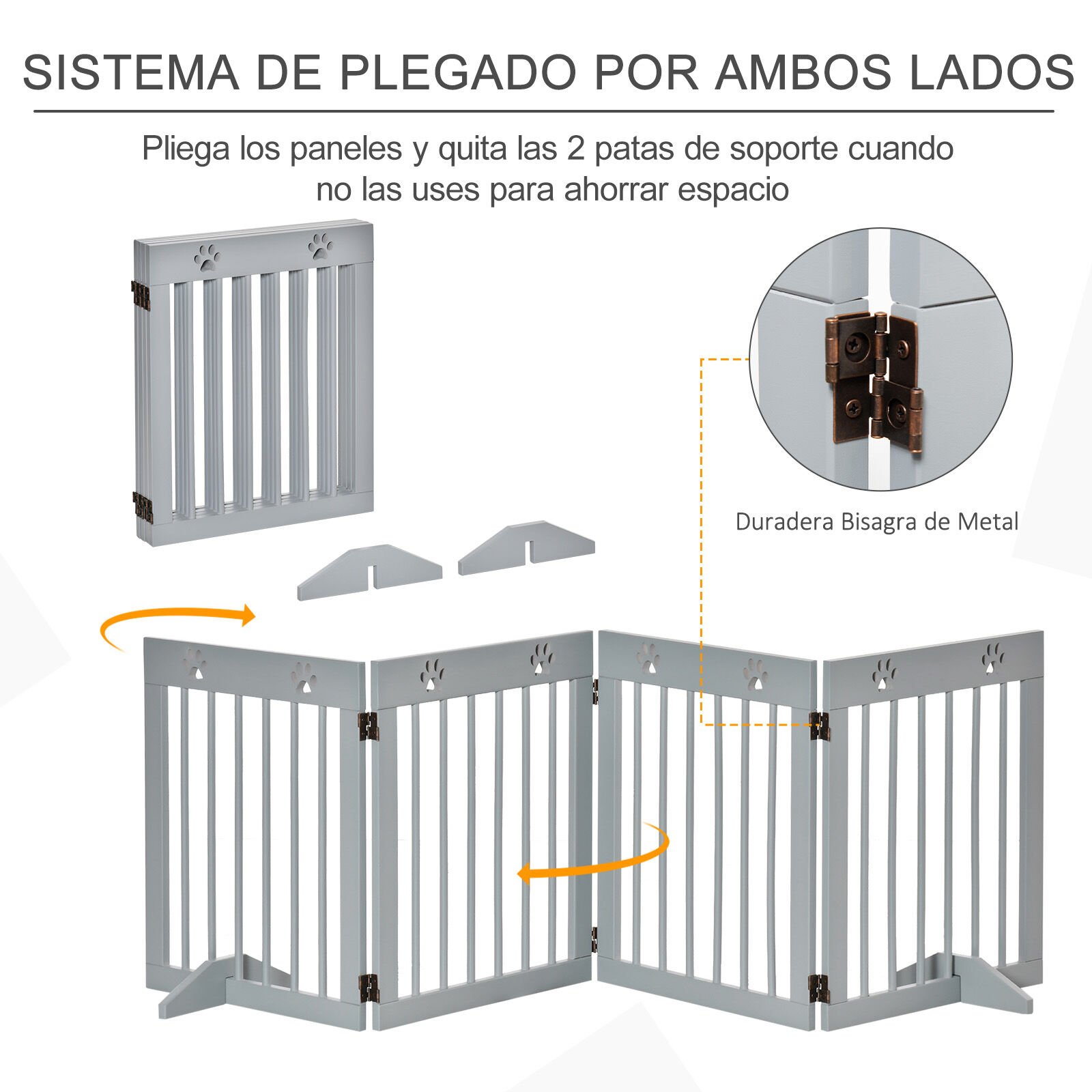 PawHut Barrera para Perros Plegable de 4 Paneles Barrera de Seguridad para Perros con Estructura de Madera y Patas de Apoyo para Pasillo Escalera 204x30x61 cm Gris Claro, , large Imagen numero 4