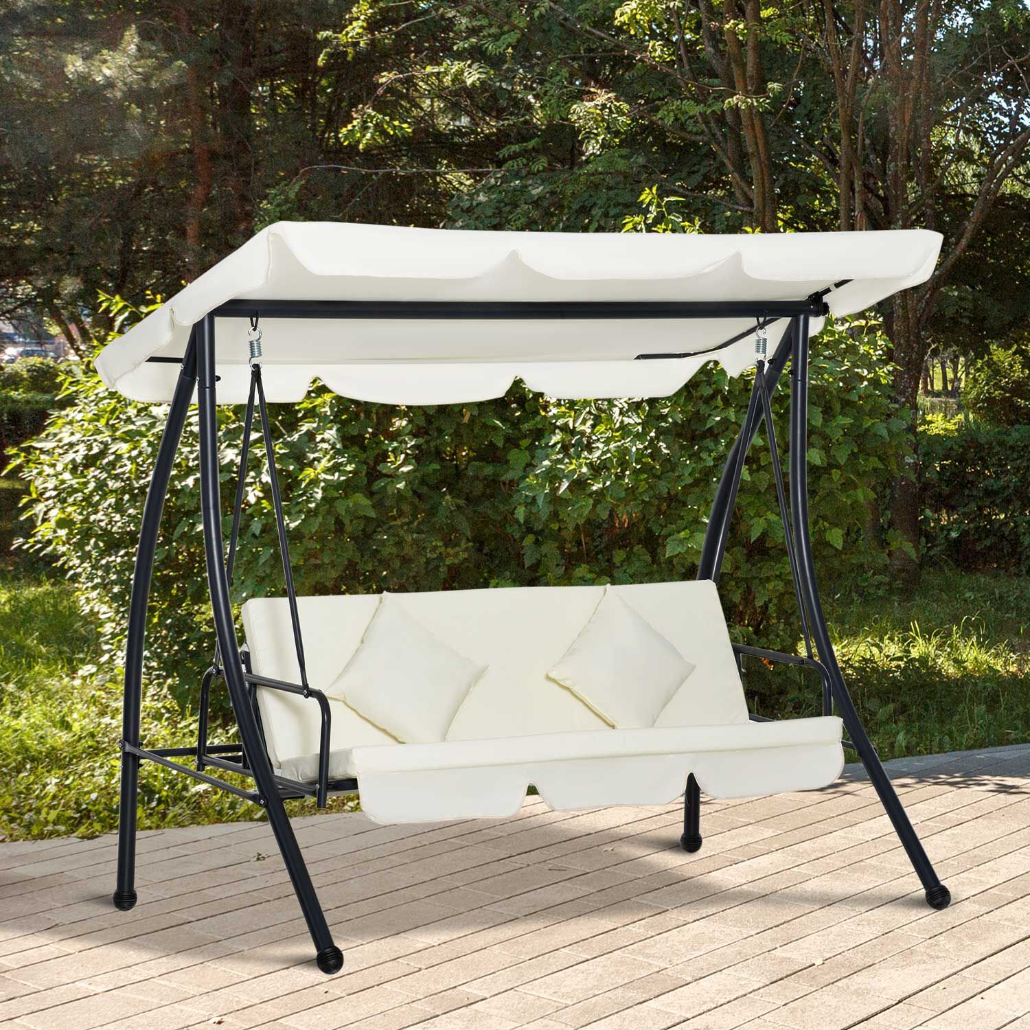 Outsunny Columpio Balanc&iacute;n Jard&iacute;n de 3 Plazas Convertible en Cama con Techo Ajustable Coj&iacute;n Acolchado y Almohadas para Balc&oacute;n Terraza Carga 340 kg Acero 200x125x170 cm Crema, , large Imagen numero 2