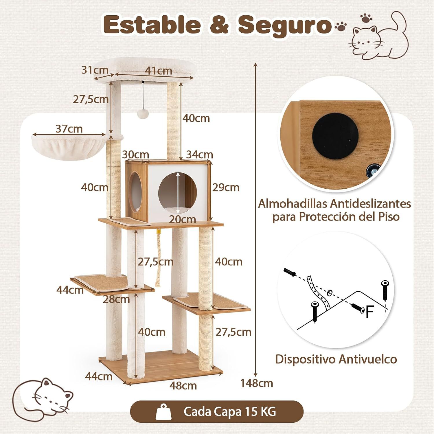 COSTWAY Mueble Rascador para Gatos, 148 cm &Aacute;rbol Rascador para Gatos con Postes Rascadores de Sisal, Condominio, Percha, Cesta, Juguete, Cojines Lavables, Gran Torre de Madera Multinivel para Gatitos, , large Imagen numero 5
