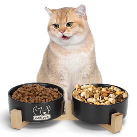 Nobleza -  Comedero Gato Perro 2 x Comedero Gatos de Ceramica con Soporte de Bambú, Antideslizante, para Gatos y Perros Pequeños, L15.7*W15.7*H7CM (Negro)