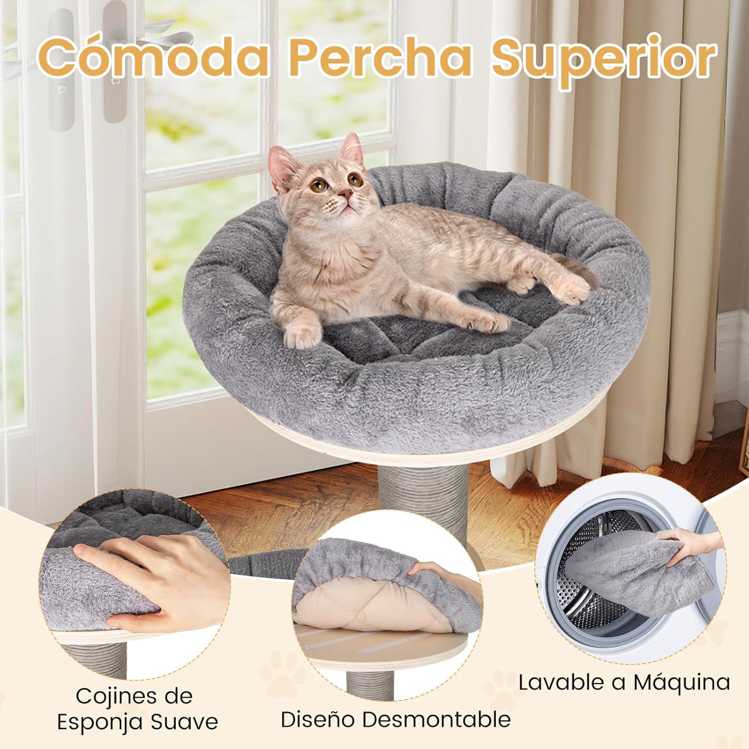 COSTWAY &Aacute;rbol Rascador para Gatos de 197 cm, Torre para Gatos de Varios Niveles con Plataforma Grande, Perchero Acolchado Superior, Condo, Esteras Desmontables, Postes para Rascar, Castillo Gato, Gris, , large Imagen numero 4