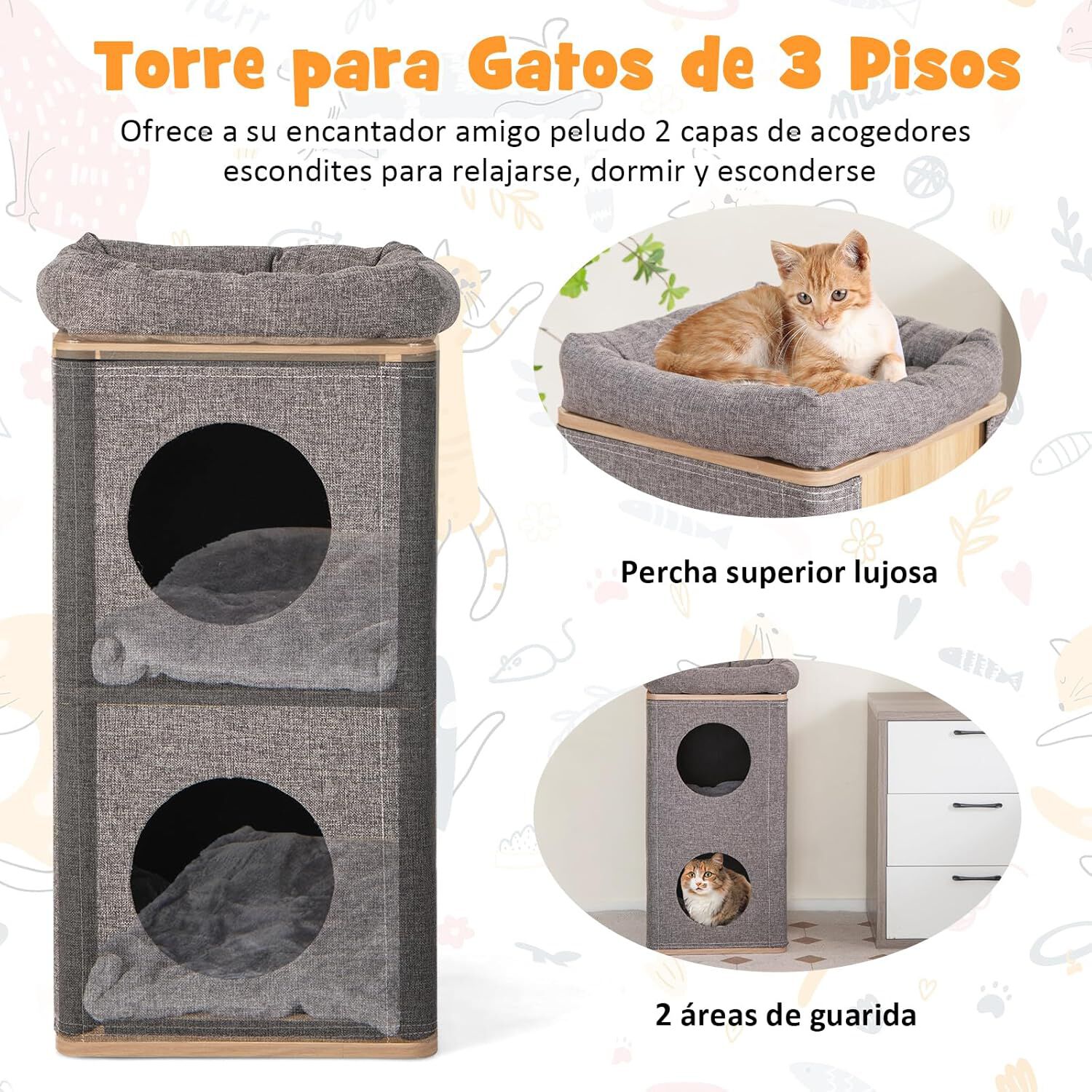 COSTWAY Condominio para Gatos de 3 Pisos, Casa para Gatos con Tabla de Rascar y 2 Entradas, Casa en Forma de Barril para Gatos de Interior, Casa para Gatos de 3 Pisos, 38 x 38 x 77,5 cm, , large Imagen numero 4