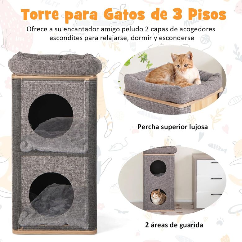COSTWAY Condominio de 3 Pisos con Tabla de Rascar para Gatos de Interior thumbnail