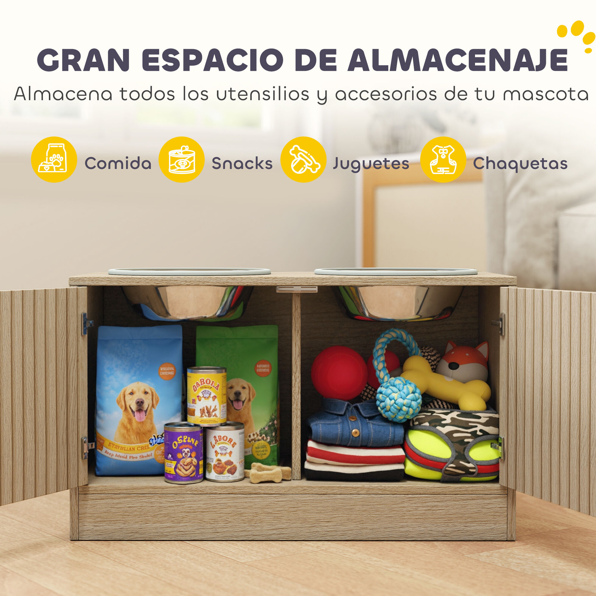 PawHut Comedero Perro Elevado con 2 Cuencos de Acero Inoxidable 2x2000 ml Cuencos Elevados para Perros Grandes con 2 Puertas, Comedero Lento, Almacenamiento Oculto, Anillos Antideslizantes, Roble, , large Imagen numero 5