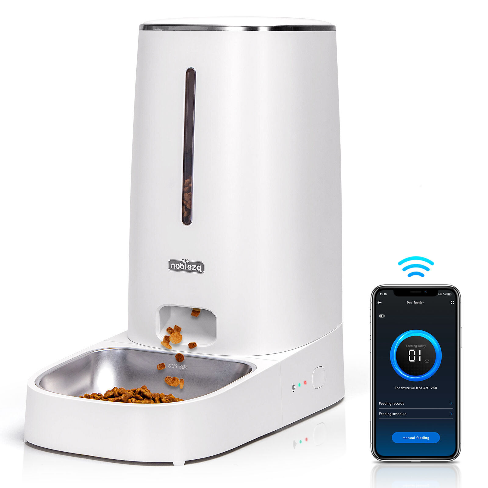 Nobleza - Dispensador Autom&aacute;tico de Comida para Gatos y Perro, 2.4G WiFi 4L Dispensador con Temporizador y Control Remoto de la aplicaci&oacute;n, 10s de grabaci&oacute;n, 1-10 Comidas por D&iacute;a, Blanco, , large Imagen numero 1