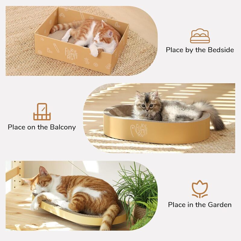 Fukumaru Set Rascador para Gatos 4 en 1 | Caja Rascadora + Camas de Cart&oacute;n Ergon&oacute;micas, Cart&oacute;n Corrugado Resistente, Protecci&oacute;n de Muebles, Ideal para Gatos de Todos los Tama&ntilde;os, , large Imagen numero 3