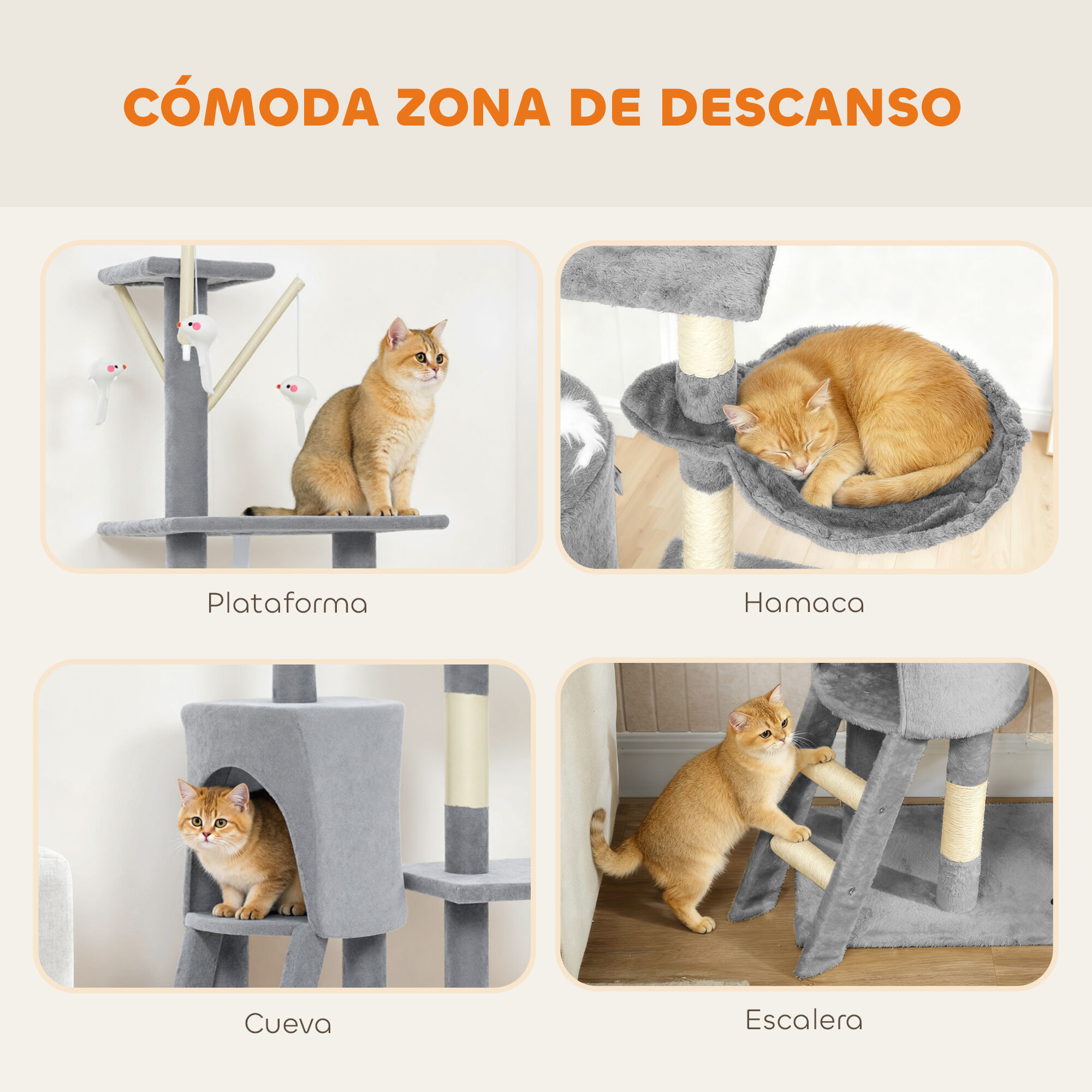 PawHut Árbol Rascador para Gatos Grande, Árbol para Gatos, Altura 134 cm, Torre de Escalada con 6 Postes de Sisal, 3 Plataformas, 1 Cueva, 1 Hamaca, 1 Escalera, 4 Juguetes Colgantes, Gris thumbnail