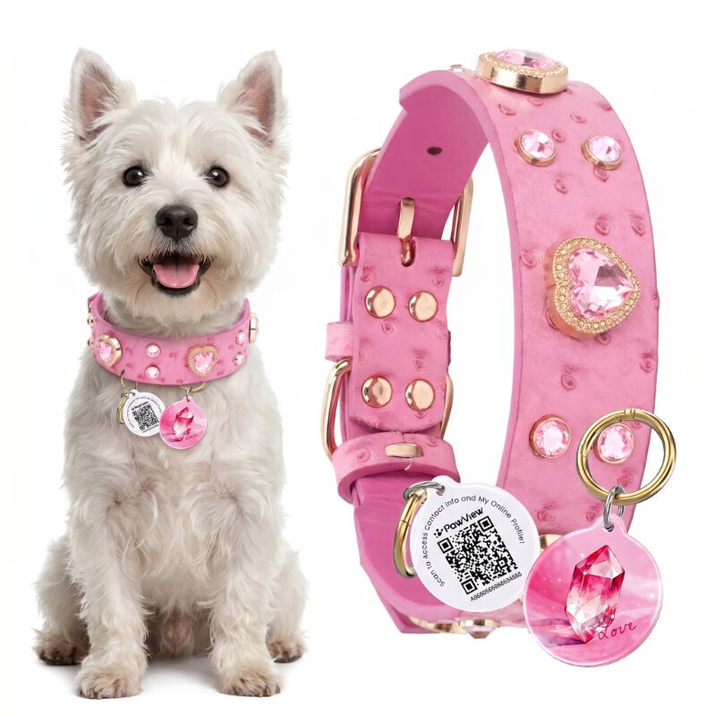 PawView Collar para Perro de Cuero Rosado con Cristales de Coraz&oacute;n y Placa de Identificaci&oacute;n QR Inteligente - Elegante, Seguro y Ajustable, , large Imagen numero 1