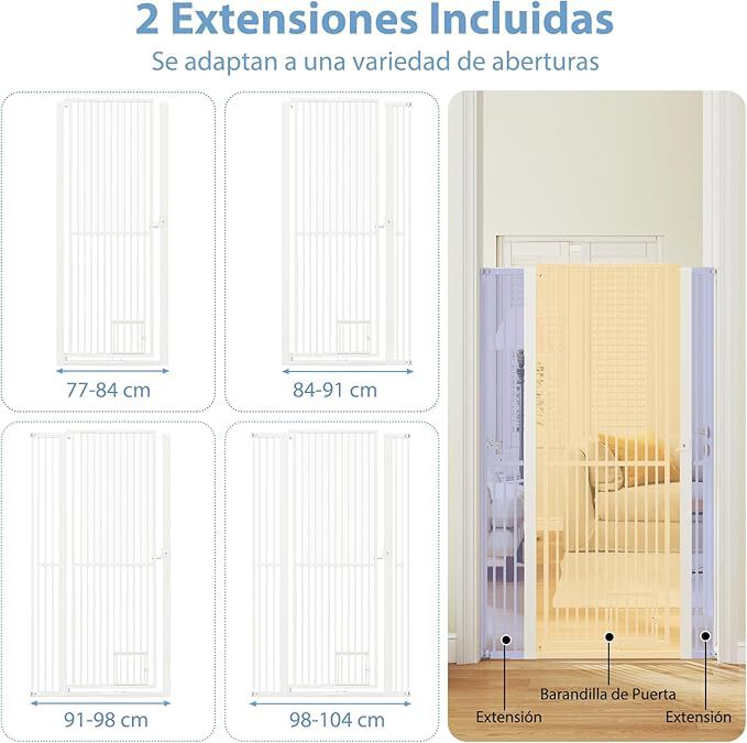 COSTWAY Puerta para Mascotas de Metal, Barrera Ajustable con 2 Extensiones y Puerta Peque&ntilde;a, Ideal para Cocina y Escaleras, 77-104 cm de Ancho, Blanco (Altura de 171cm), , large Imagen numero 2
