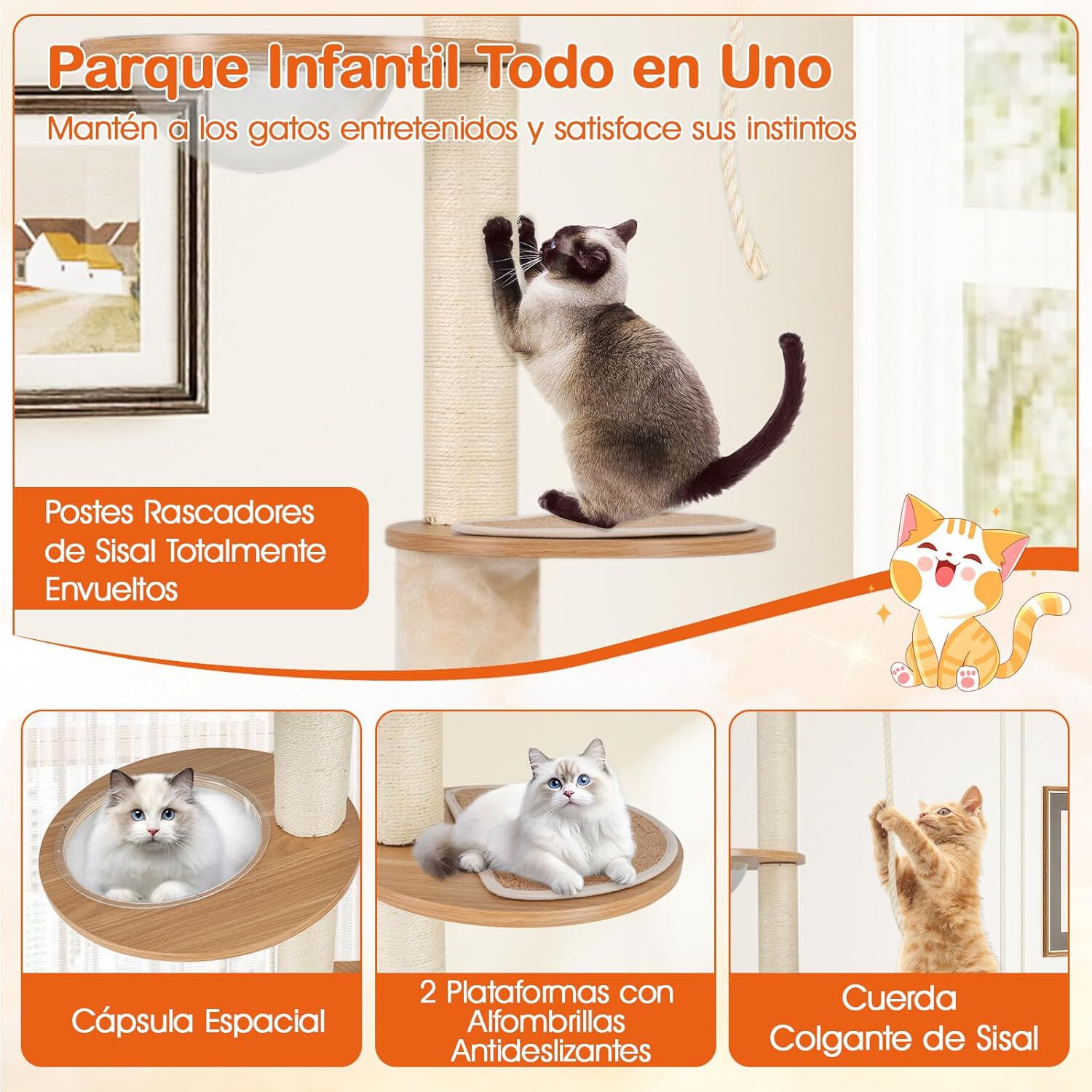 COSTWAY &Aacute;rbol de Gato de Piso a Techo para Gatos de Interior, 256-275 cm Altura Ajustable, Torre Rascador Gato con Caja de Arena, C&aacute;psula Espacial, Condominio, Postes de Sisal, Plataformas Multinivel, , large Imagen numero 3