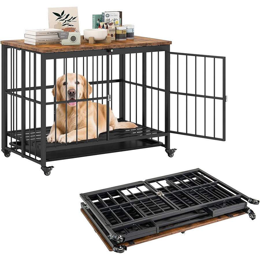 COSTWAY Jaula Plegable para Perros, Casa para Perros con Puerta, Ruedas Bloqueables y Bandeja Extra&iacute;ble, Ahorra Espacio, Mueble de Madera para Perro con Estructura Met&aacute;lica de Interior (80x61x64 cm), , large Imagen numero 6