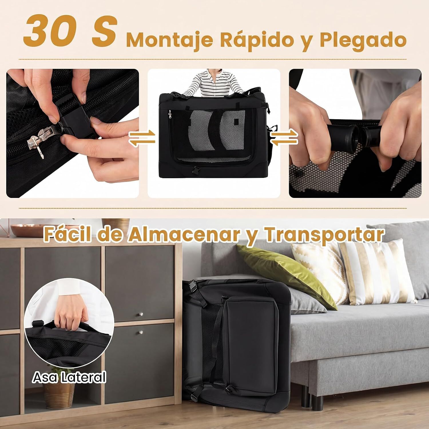 COSTWAY Transport&iacute;n para Perros Plegable, Bolsa Transporte para Gatos con Ventanas de Malla, 3 Puertas y Bolsillos Extra&iacute;bles, Portador de Viaje para Mascotas Interior y Exterior (Negro, M), , large Imagen numero 4