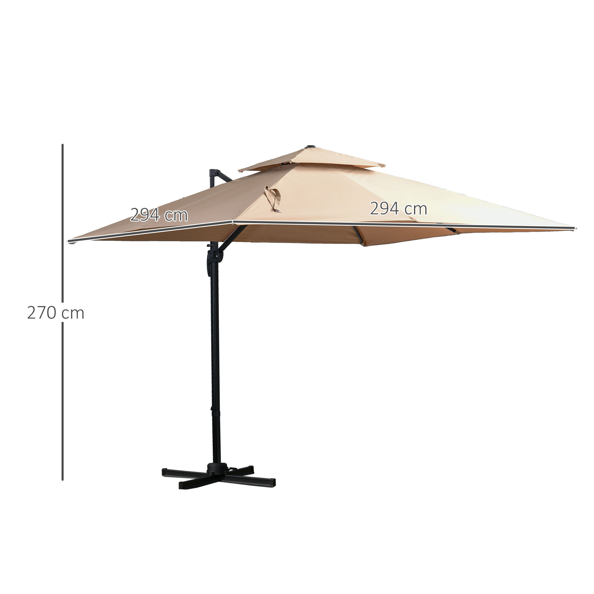 Outsunny Sombrilla de Jard&iacute;n 300x300 cm Parasol de Aluminio con Manivela Poste Giratorio 360&deg; Doble Techo Inclinable en 6 Posiciones y Base Cruzada Incluida Caqui, , large Imagen numero 3