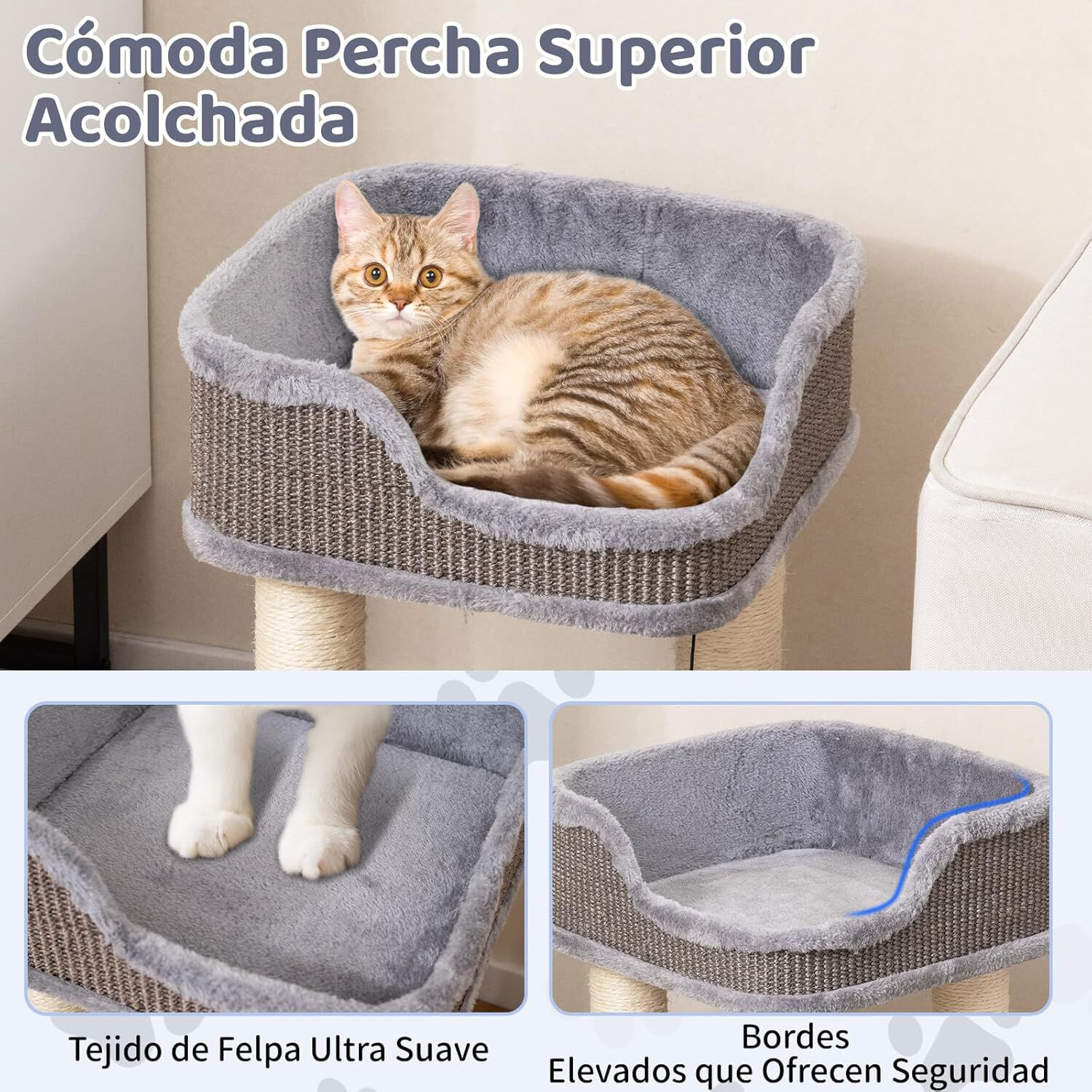 COSTWAY &Aacute;rbol Rascador Peque&ntilde;o para Gatos, 38 x 38 x 51 cm, Torre Rascador para Gatos con Plataforma Alfombrado de Felpa y Poste de Rascado de Sisal Natural, Cama para Gato, Relajarse y Dormir (Gris), , large Imagen numero 3