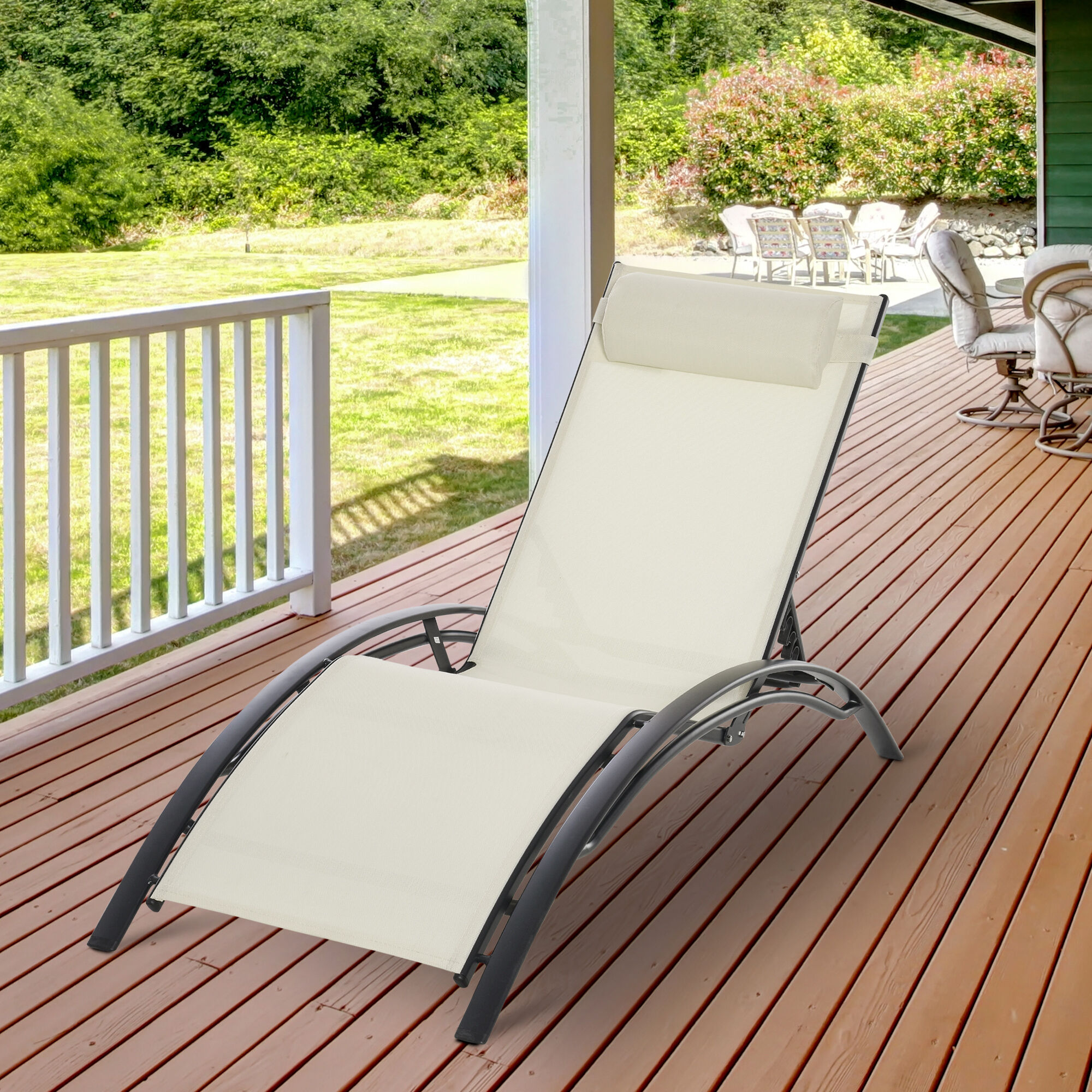 Outsunny Tumbona Reclinable de Aluminioc on Respaldo Ajustable en 5 Posiciones y Reposacabezas Extra&iacute;ble Acolchado Texteline para Jard&iacute;n Terraza Balc&oacute;n 171x64x82 cm Beige, , large Imagen numero 2