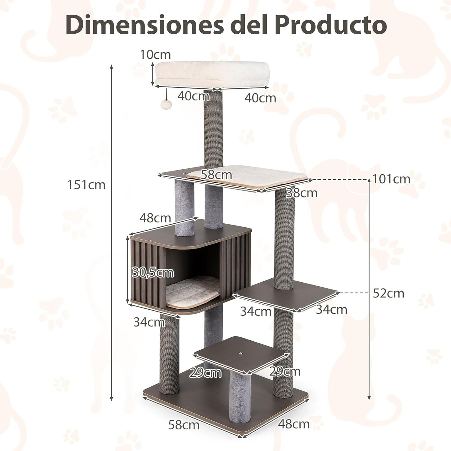 COSTWAY &Aacute;rbol Multinivel para Gatos de 6 Niveles, Torre con Condominio de Cerca, Percha Superior Acolchada Desmontable, Postes Rascadores, Pomp&oacute;n Colgante con Campana (81 x 60 x 143 cm), , large Imagen numero 2