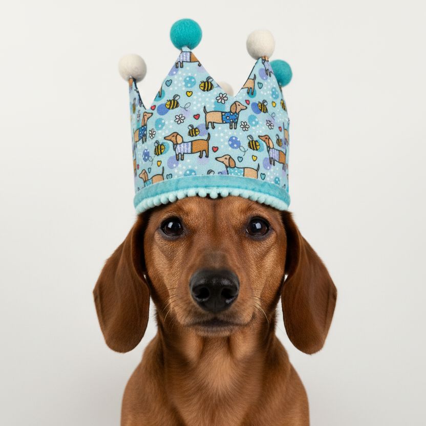 Gorro de cumplea&ntilde;os forma de corona - - Hecha a mano - Estampado de Perro Salchicha Feliz - Azul, , large Imagen numero 2