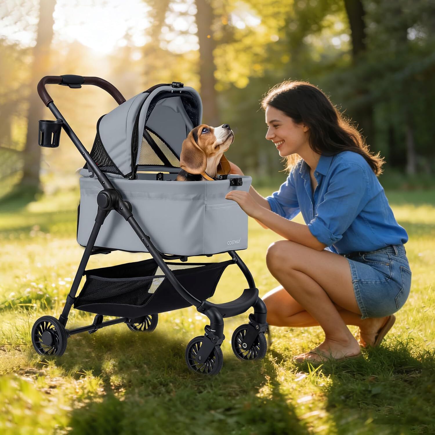 COSTWAY Carrito para Perros 3 en 1, Cochecito para Perros Plegable con Transport&iacute;n Desmontable, Toldo de Malla Ajustable, Cesta, Portavasos, Carro para Perro, Gato, Carga 15 kg, 76x53x100 cm (Gris), , large Imagen numero 2