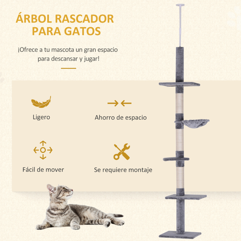 Pawhut &aacute;rbol rascador fijado al techo ajustable 5 niveles beige y gris para gatos, , large Imagen numero 4