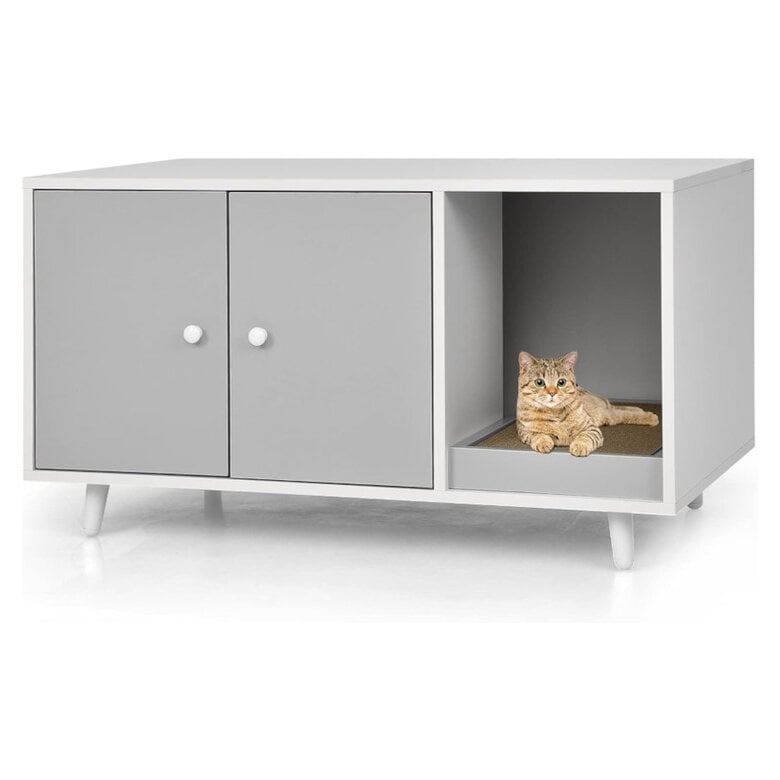COSTWAY 3 en 1 Casa para Gatos con Rascador Extraíble, Mesa de Centro Auxiliar de Madera, Cueva para Gatos con 2 Puertas, Mueble Arenero de 90 x 50 x 50 cm (Gris)