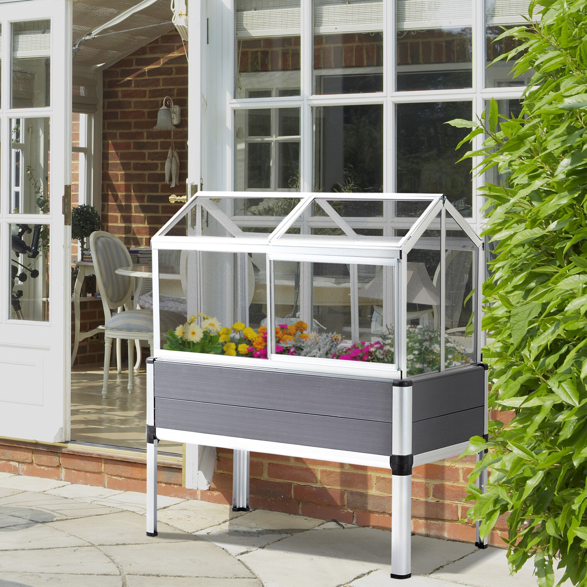 Outsunny Huerto Urbano Elevado 113,5x61x128,5 cm con Cubierta de Policarbonato con Techos Abatibles y Ventanas Correderas Marco de Aluminio y PVC para Plantas Flores Gris, , large Imagen numero 2