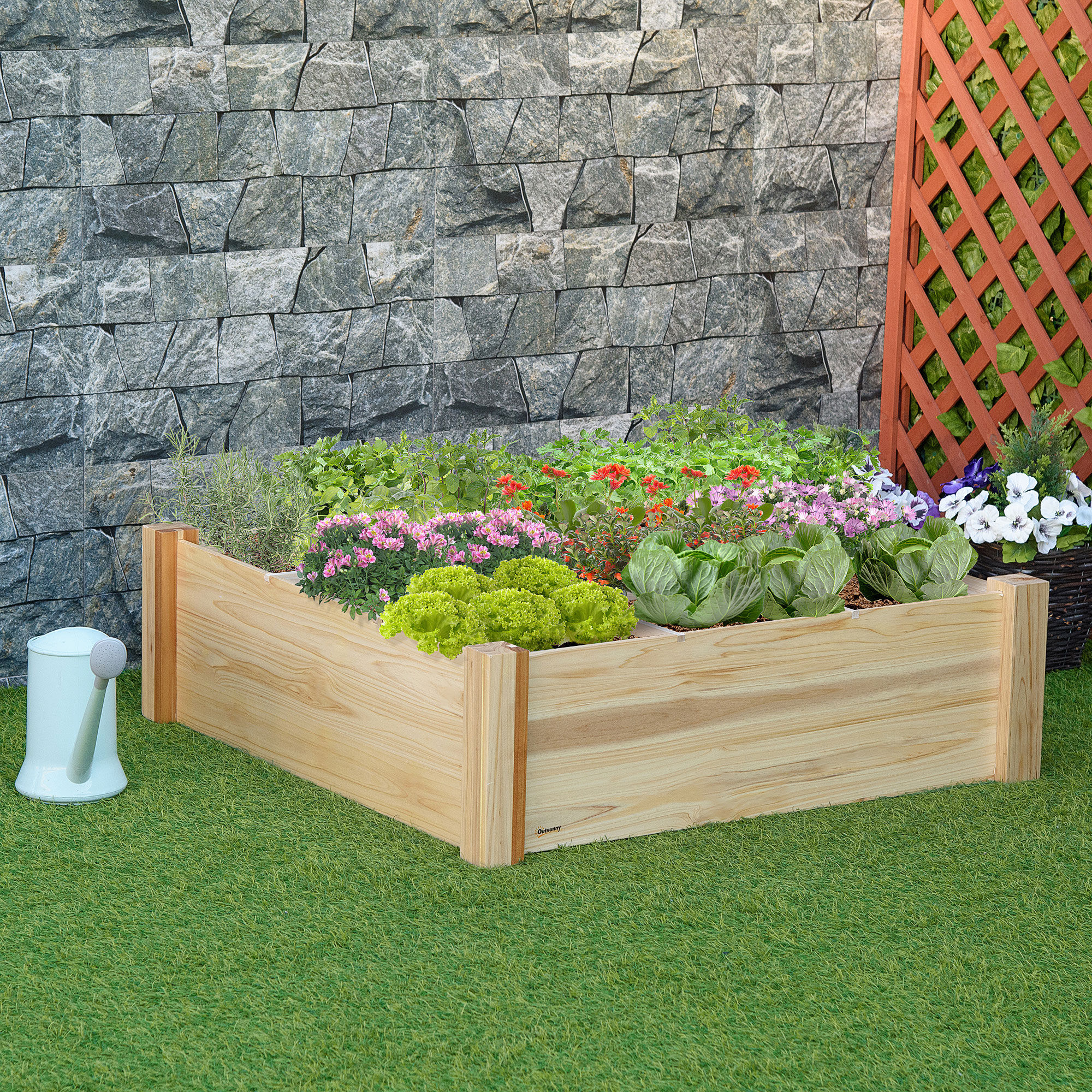Outsunny Huerto Urbano de Madera Cuadrada 90x90x28 cm con 9 Compartimentos Extra&iacute;bles Arriate de Jard&iacute;n para Cultivos Plantas Flores Natural, , large Imagen numero 2