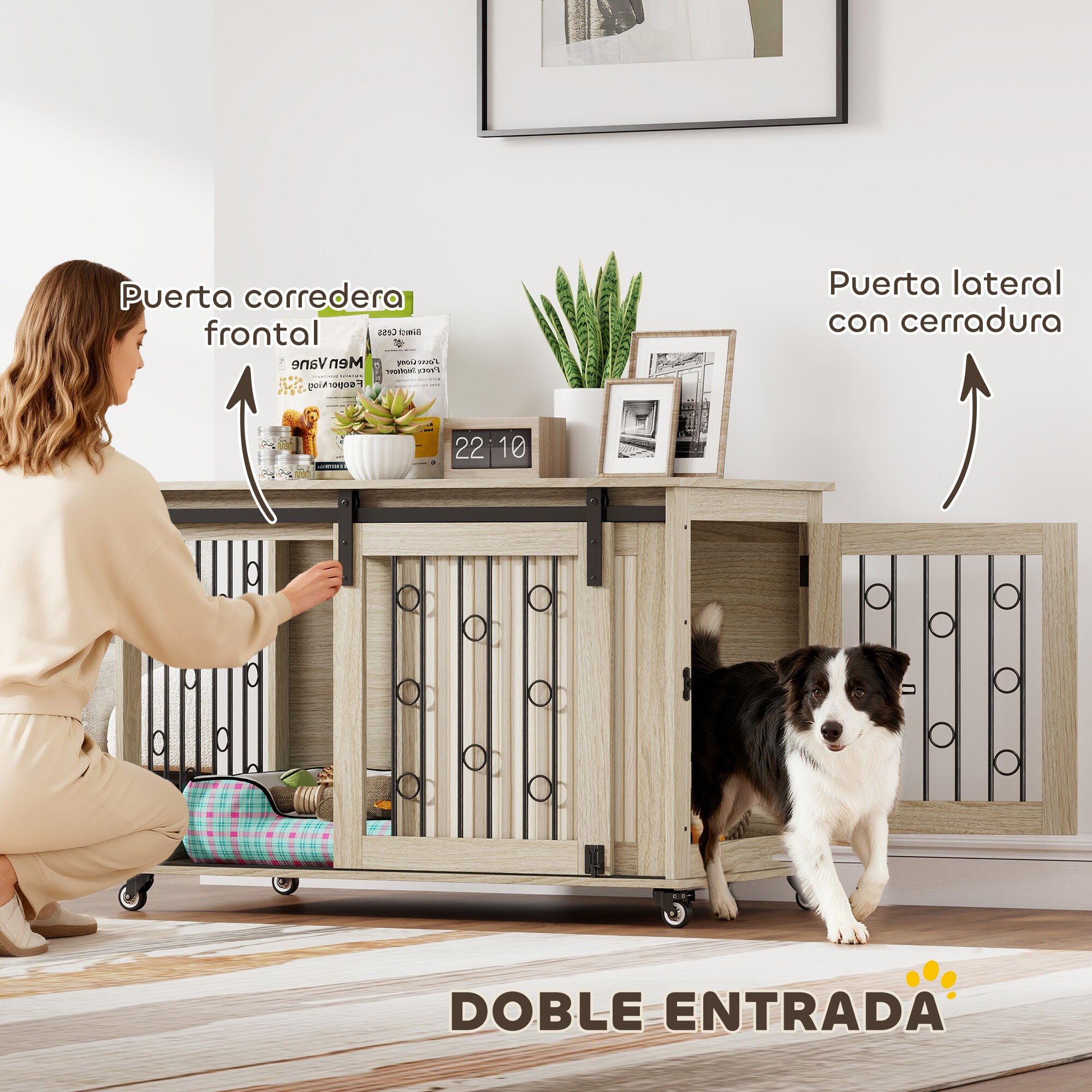 PawHut Jaula para Perros con Ruedas, Mesa Auxiliar, Casa para Mascotas Moderna con 2 Puertas y Cierre, para Perros Medianos y Grandes, 100x56x65 cm, Roble, , large Imagen numero 4